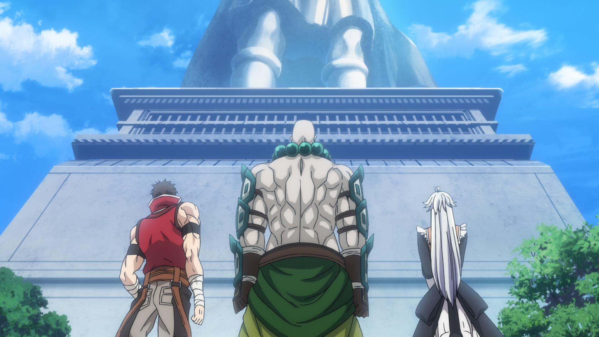 A HD desktop wallpaper featuring characters from The Ossan Newbie Adventurer gazing up at a towering statue against a bright blue sky, capturing a moment of awe and adventure.