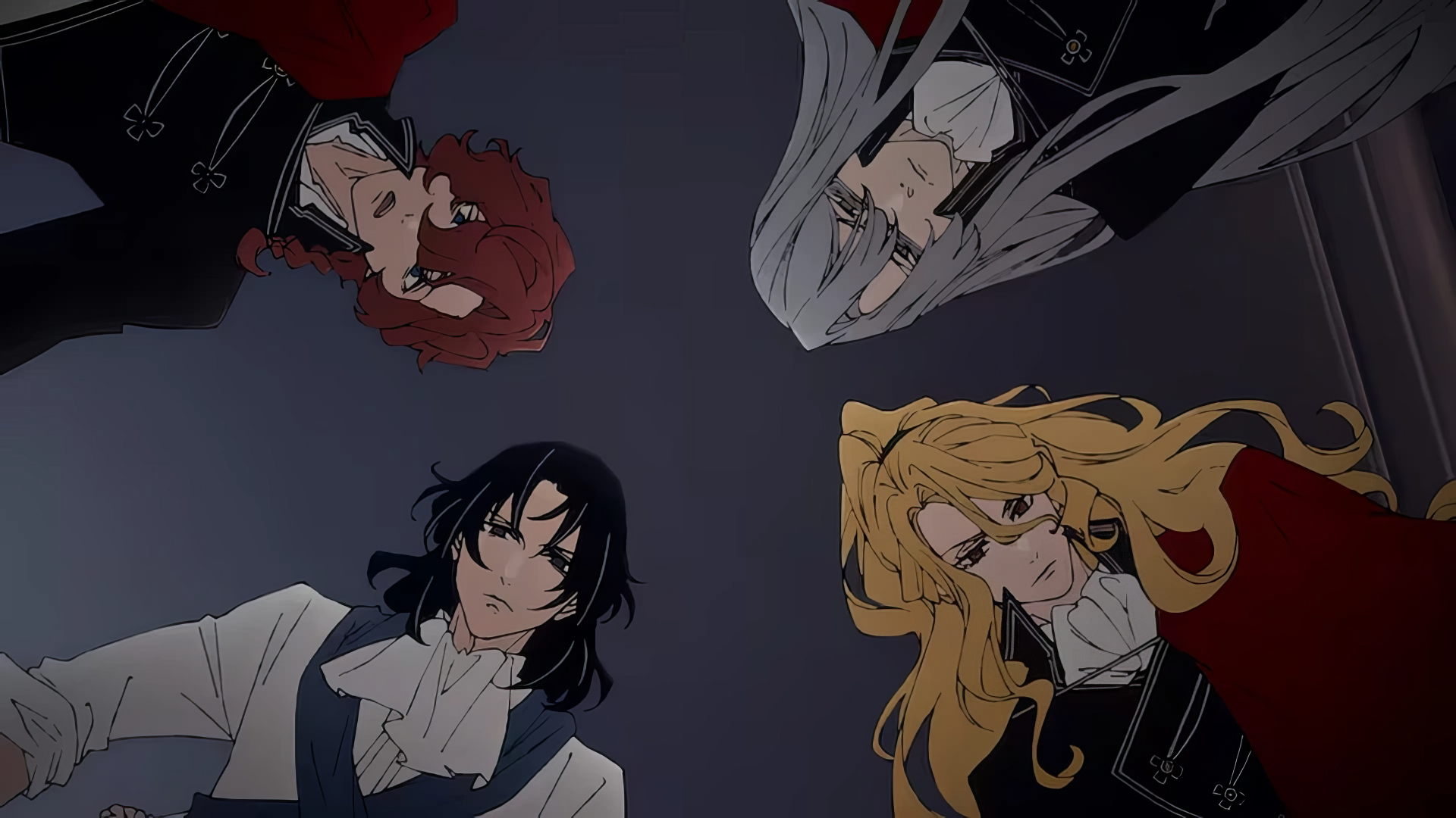 A dramatic anime scene featuring four characters from Delico's Nursery, looking down with intense expressions, suitable as HD desktop wallpaper or background.