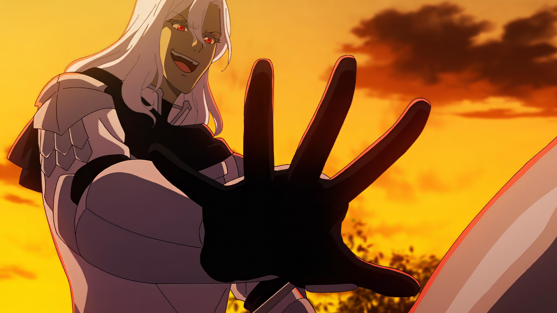 Anime HD desktop wallpaper from Failure Frame featuring a character with long white hair and red eyes reaching forward against a vibrant orange sunset sky.