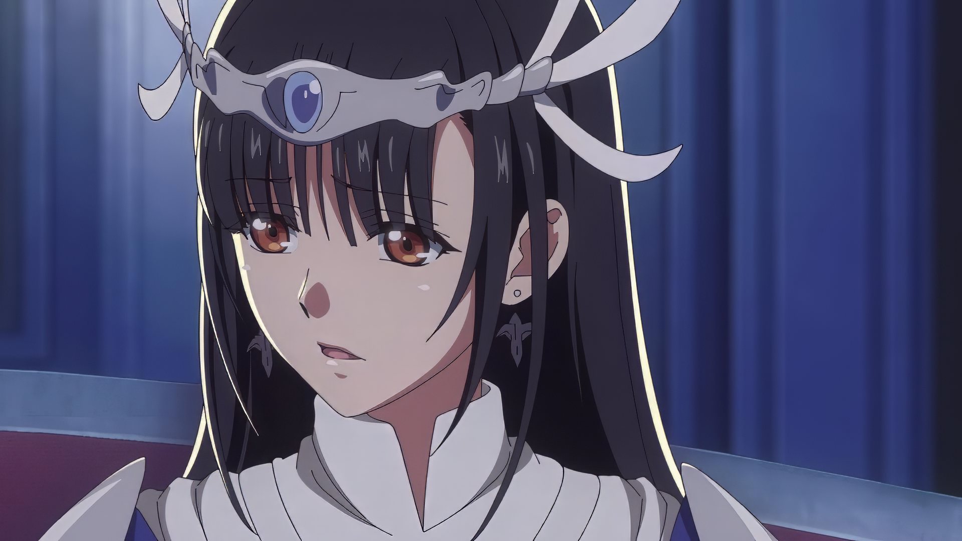 A close-up of a character from the anime Failure Frame, featuring her distinct dark hair, piercing eyes, and intricate headpiece, set against a softly blurred backdrop. HD desktop wallpaper.