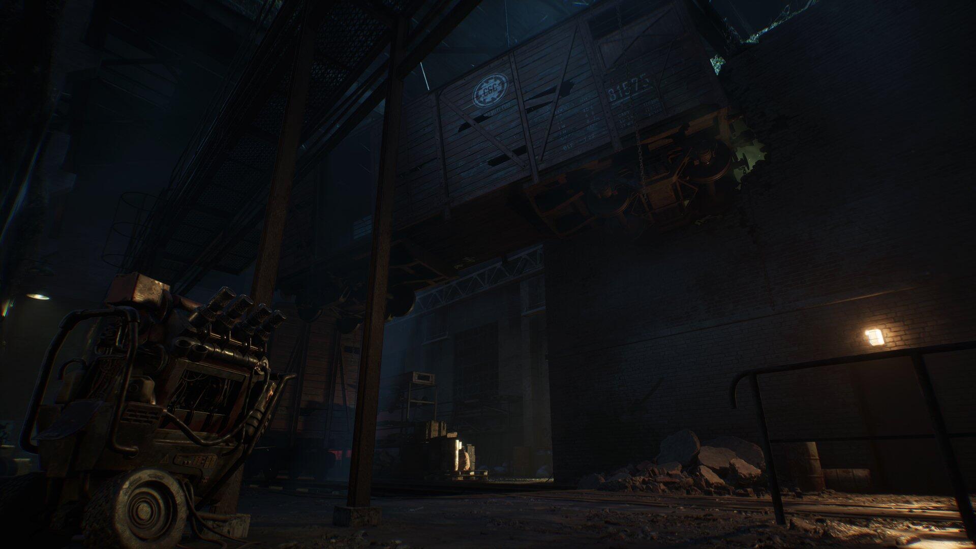 A dark and atmospheric HD desktop wallpaper from the video game The Casting of Frank Stone, featuring an industrial setting with machinery and moody lighting.