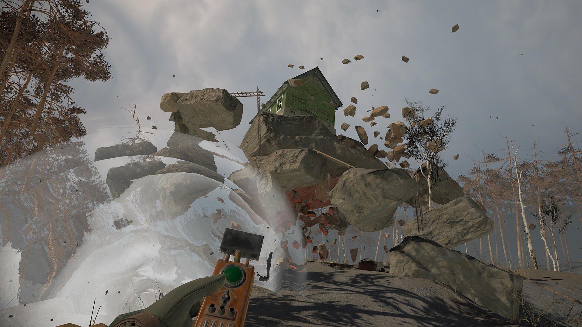 A dynamic scene from the video game Into the Radius VR, featuring a fragmented landscape with flying debris and a tilted green house, serving as a captivating HD desktop wallpaper.