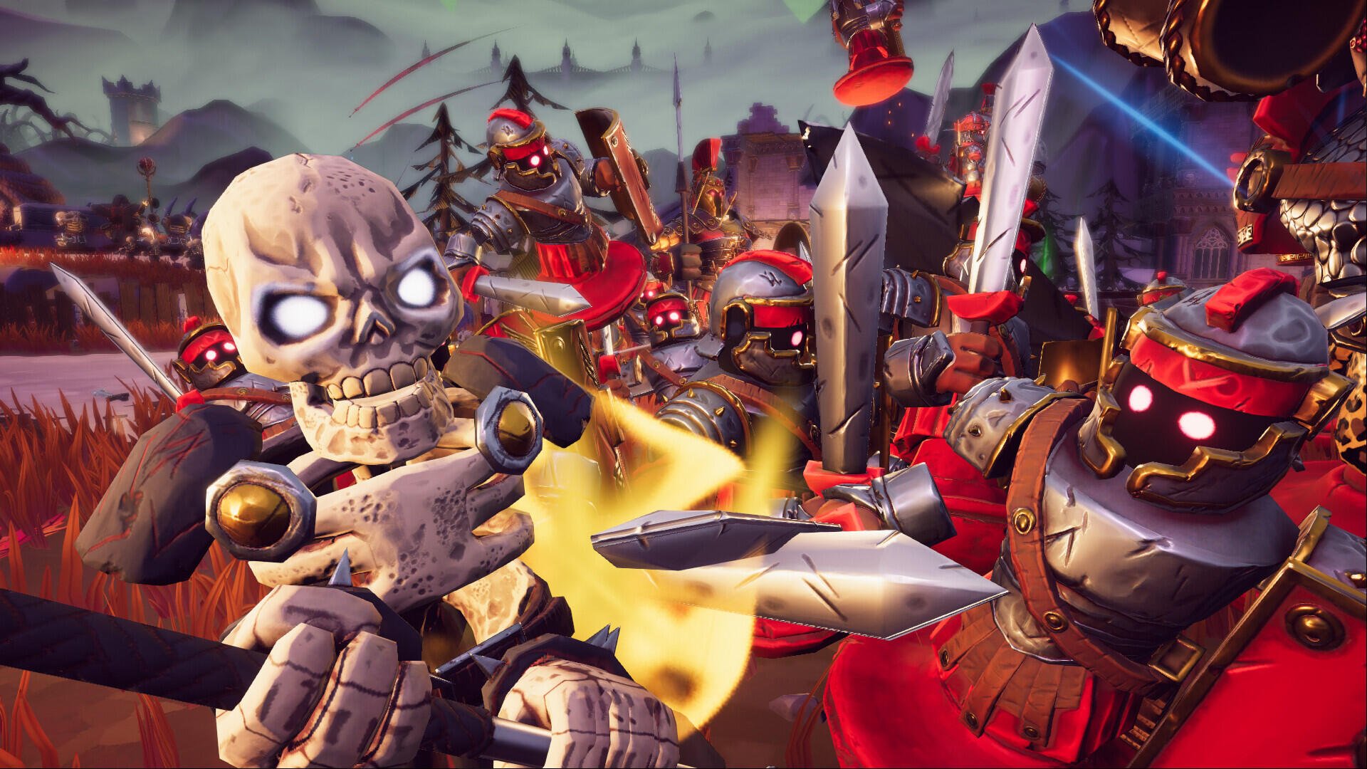 A dramatic scene from the video game Toy Tactics, featuring a menacing skeleton amid an army of armored figures, set against a vibrant fantasy backdrop.