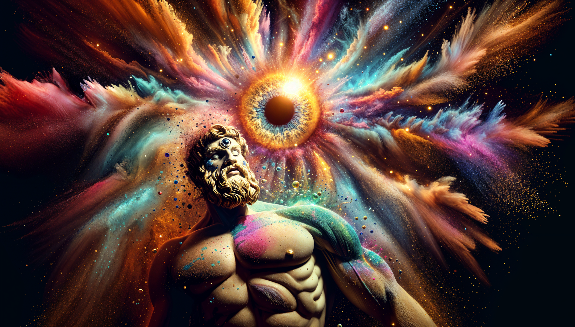 A powerful mythological figure stands against a vibrant cosmic backdrop, dominated by a vivid eye, blending artistry and divine imagery in this 4K Ultra HD wallpaper.
