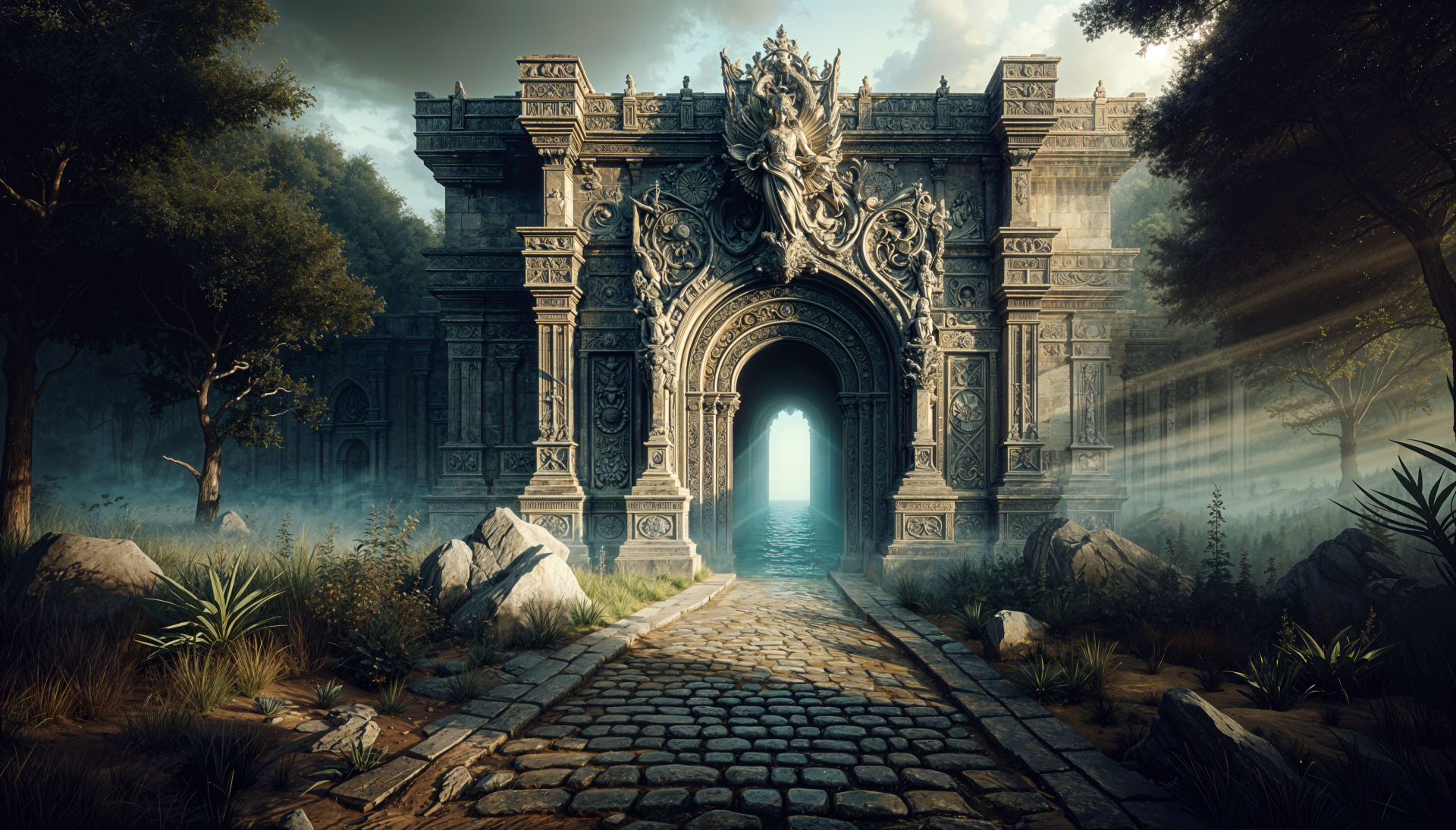 A stunning architectural entrance, featuring ornate details and a mystical atmosphere, set in a serene landscape, captured in vibrant 4K Ultra HD for a captivating desktop wallpaper.