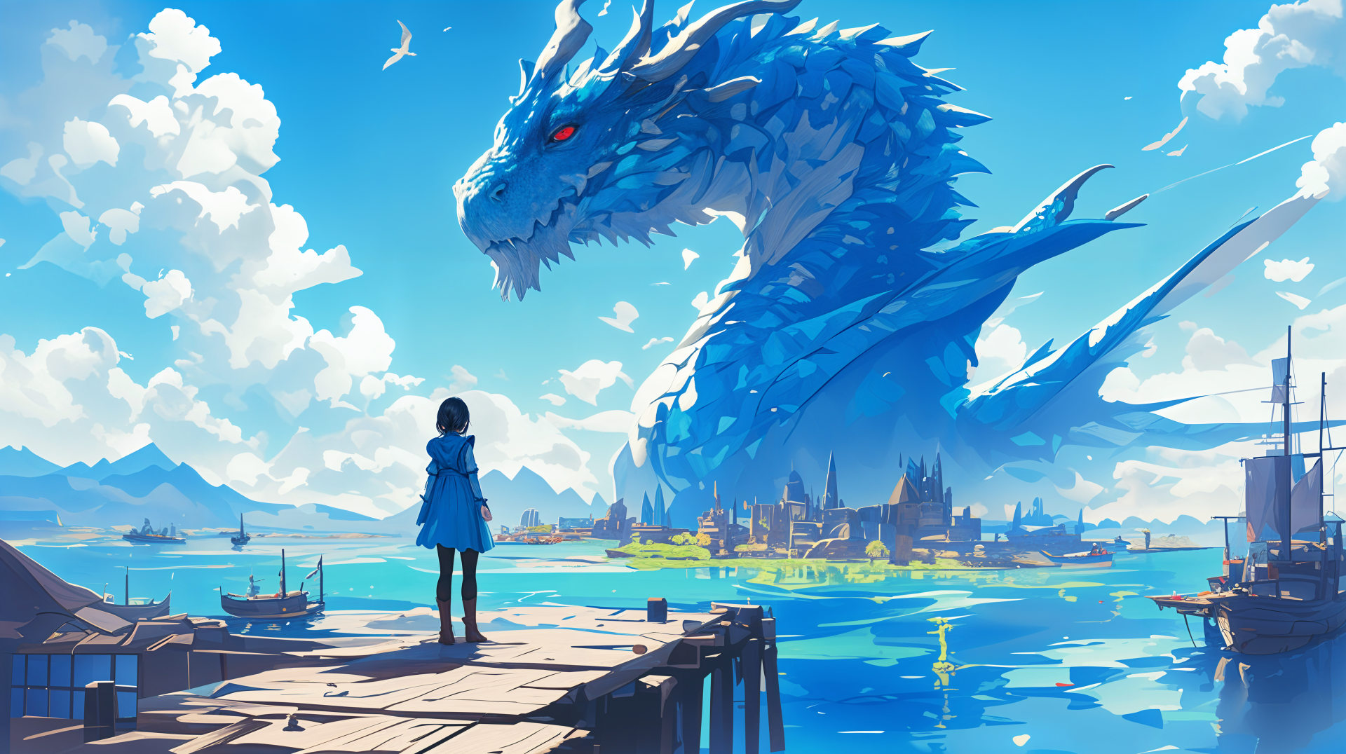 A stunning 4K Ultra HD anime wallpaper featuring a majestic blue dragon looming over a serene harbor scene, blending fantasy elements with vibrant colors and intricate details.