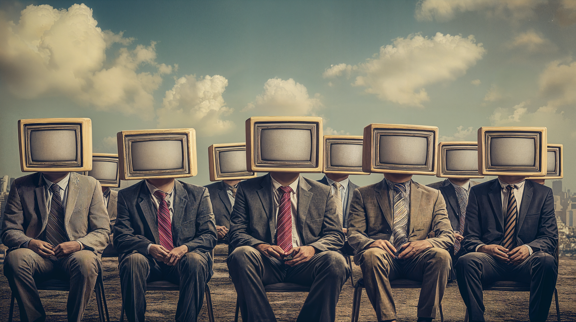 A surreal image of businessmen with CRT monitors for heads, set against a cloudy sky, reflecting themes of corporatism in a striking 4K Ultra HD wallpaper.