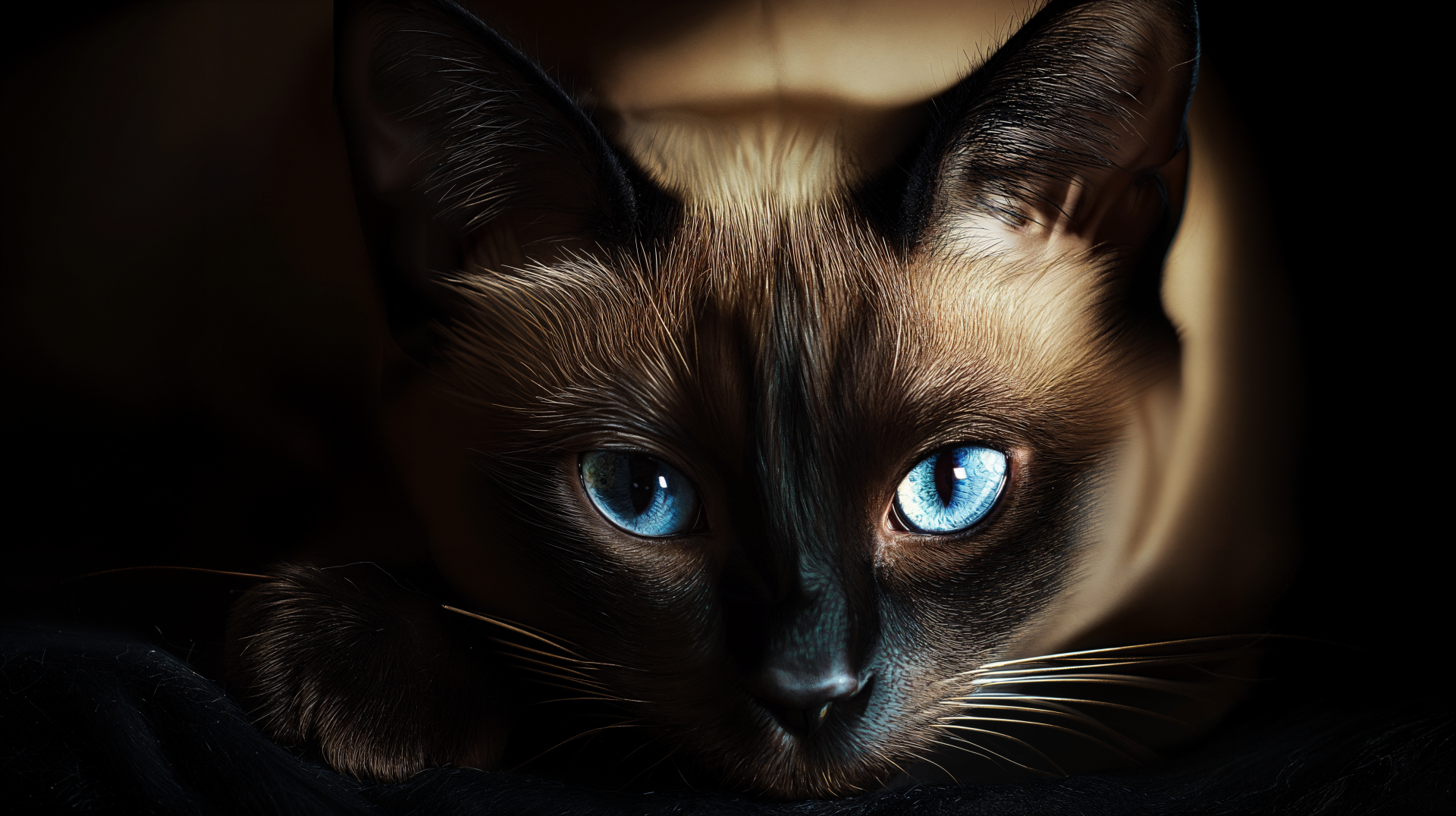 A beautiful Siamese cat with striking blue eyes, featuring intricate fur patterns, captured in a close-up shot. This image serves as a stunning 4K Ultra HD desktop wallpaper.