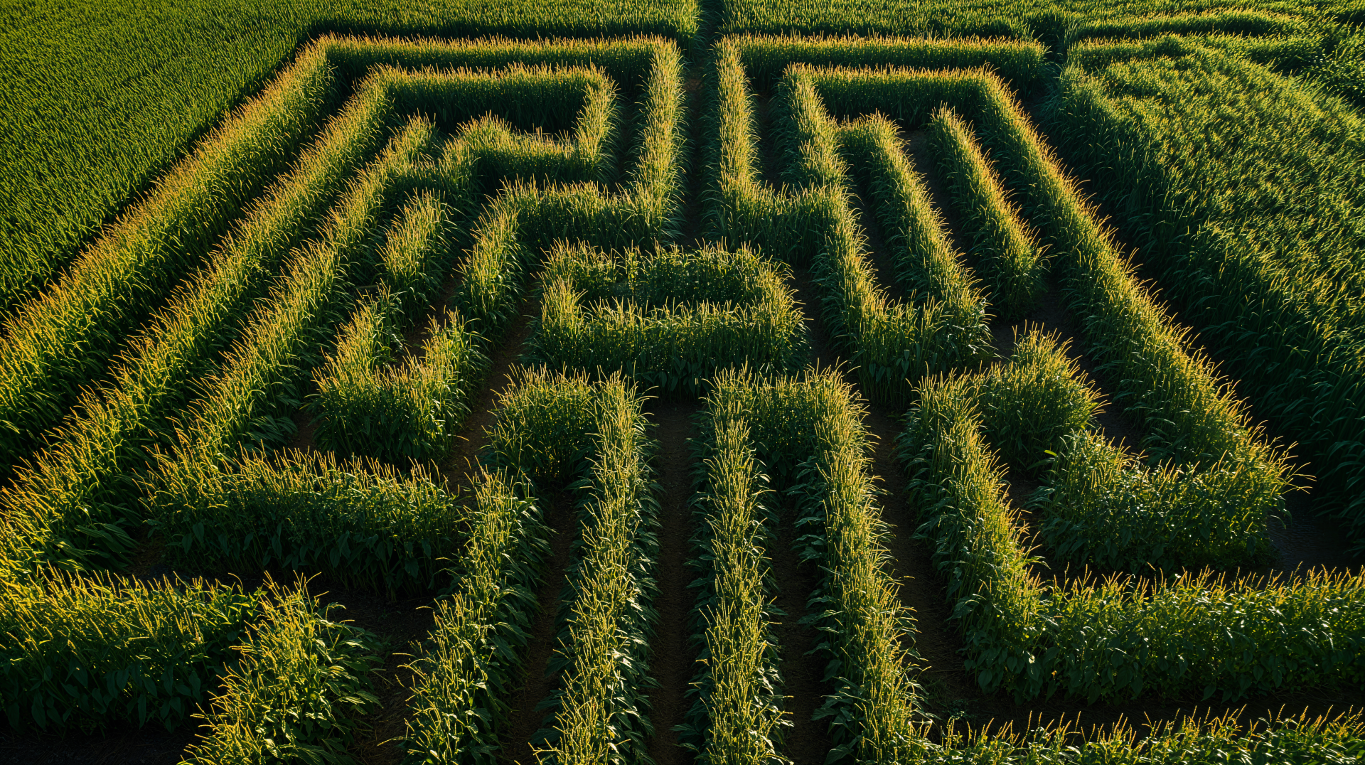 Aerial view of a vibrant corn maze under summer sunlight, showcasing agriculture and outdoor recreation in stunning 4K Ultra HD detail.