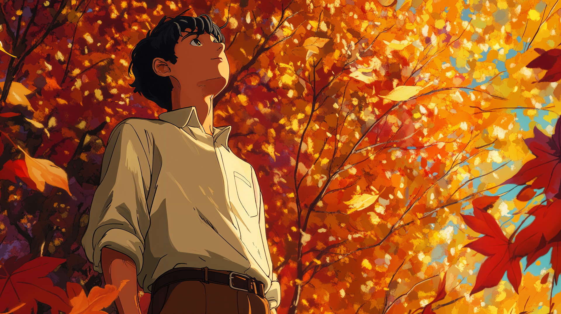 An anime boy stands beneath vibrant autumn leaves, gazing upward in a scene rich with warm colors. This 4K Ultra HD image captures the essence of the season beautifully.