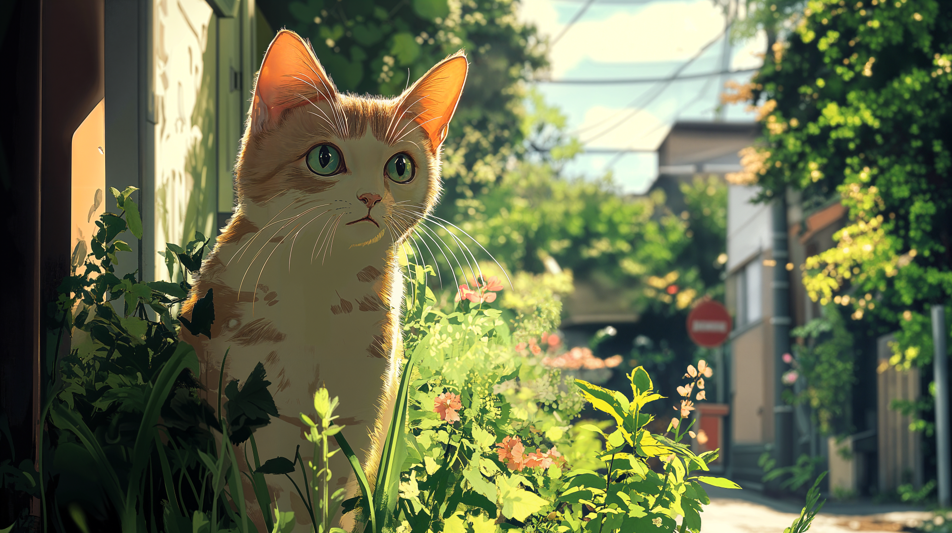 Anime-style cat sitting among greenery in a sunlit neighborhood, rendered in 4K Ultra HD for PC desktop wallpaper and background.