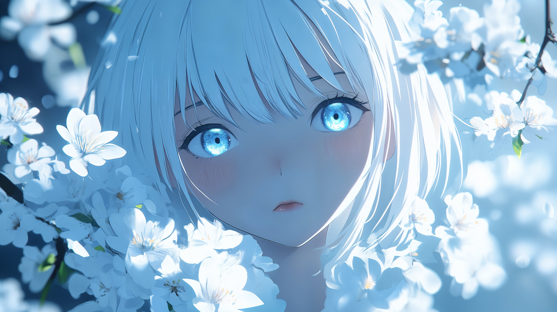A serene anime girl with white hair and striking blue eyes gazes gently amid blooming white flowers, featured in a stunning 4K Ultra HD wallpaper.