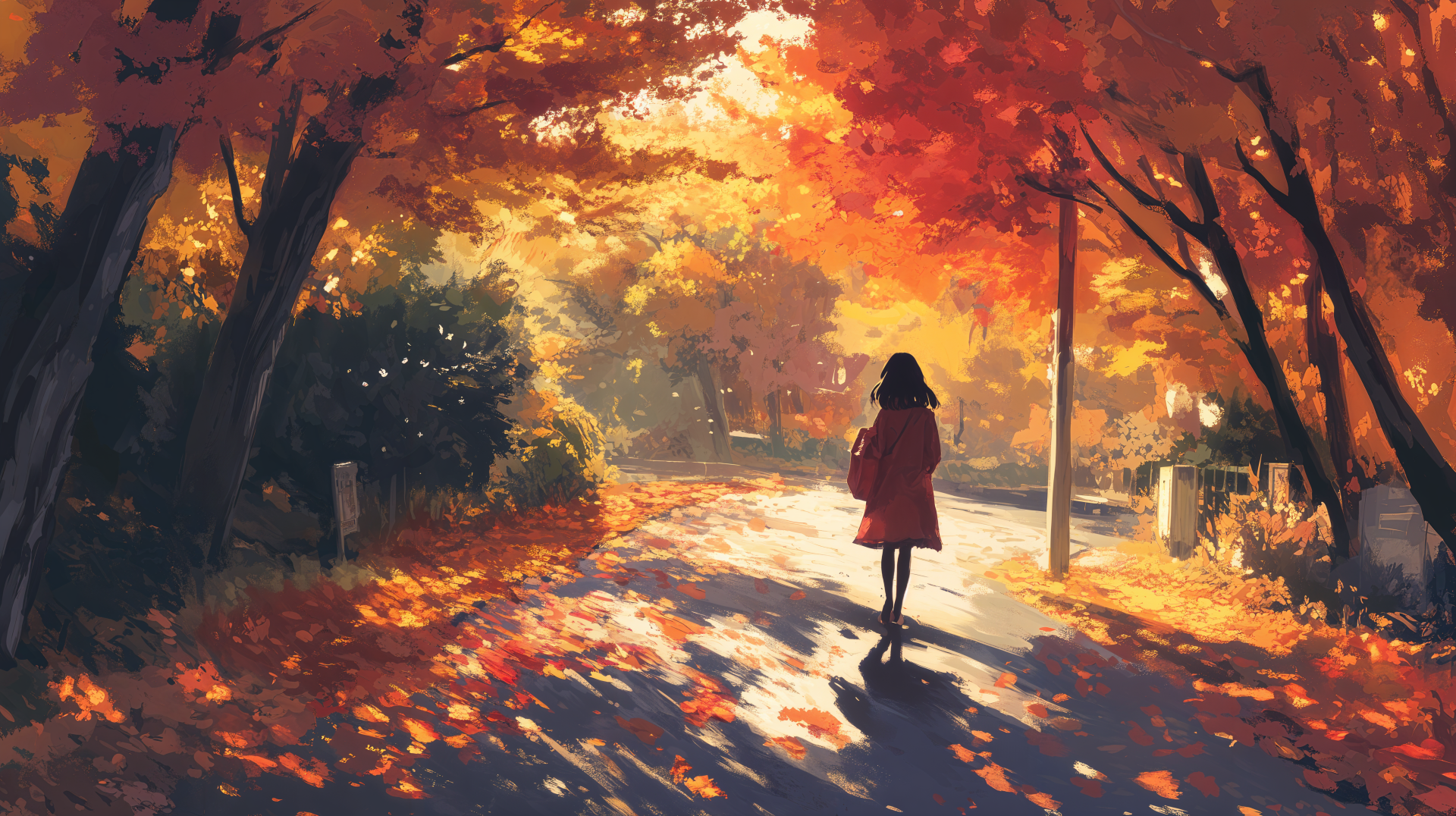 A vibrant anime girl walks down a scenic path surrounded by autumn foliage, bathed in warm sunlight, capturing the essence of fall. 4K Ultra HD visual for a stunning desktop wallpaper.