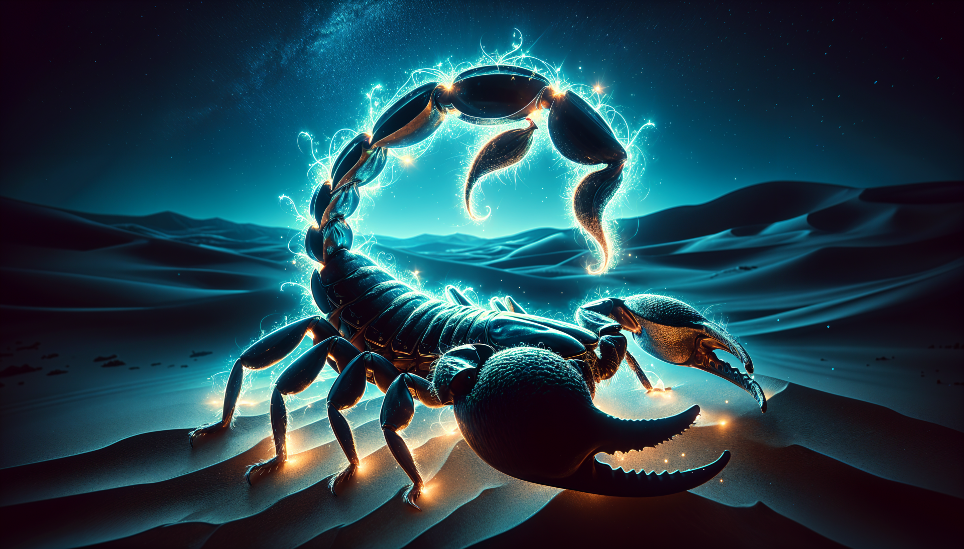 A detailed 4K Ultra HD wallpaper featuring a glowing scorpion against a dark desert backdrop, showcasing intricate designs and vibrant blue lighting effects.