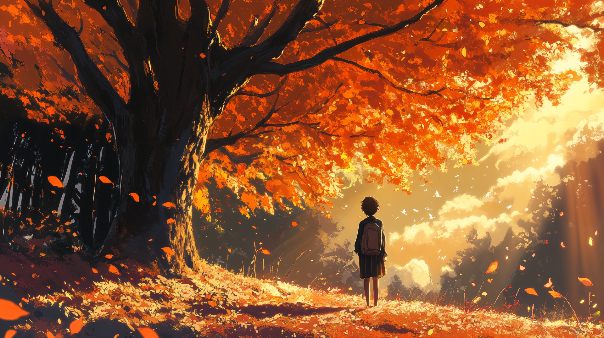 A serene anime scene showcasing a child standing beneath a vibrant autumn tree, surrounded by falling leaves, captured in stunning 4K Ultra HD quality for desktop wallpaper.