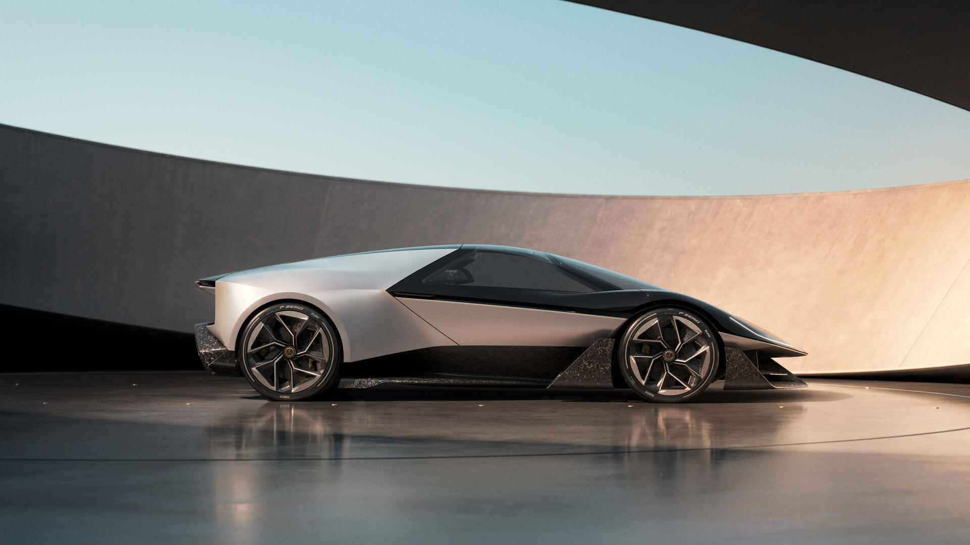 A sleek Lotus Theory 1 car is showcased against a modern architectural backdrop, presented as a stunning 4K Ultra HD desktop wallpaper.