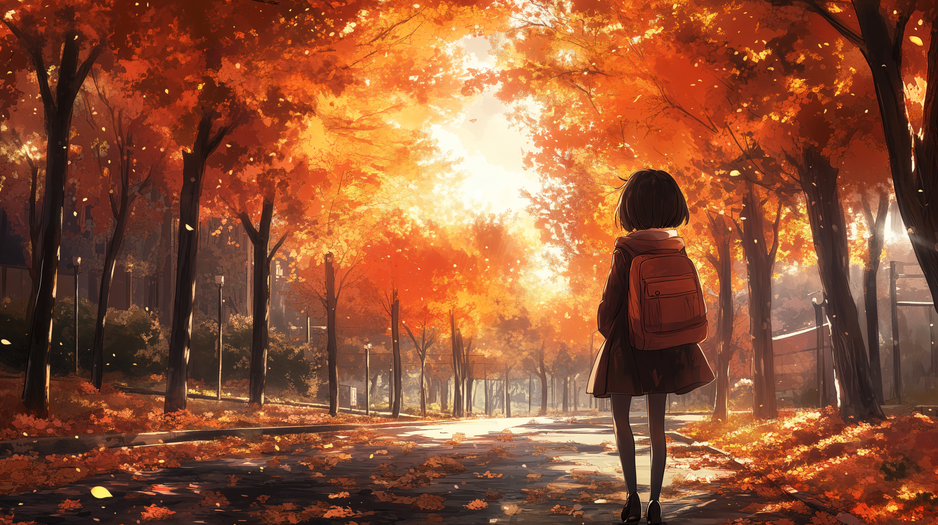 A serene anime girl stands on a path surrounded by vibrant autumn foliage, with sunlight filtering through the trees, creating a warm, picturesque scene in 4K Ultra HD.