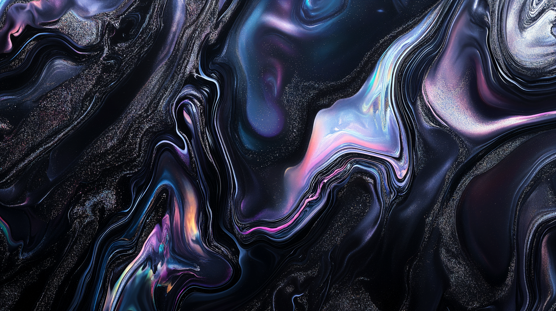 A 4K Ultra HD abstract desktop wallpaper featuring dark, colorful liquid oil textures with swirling patterns and glossy highlights.