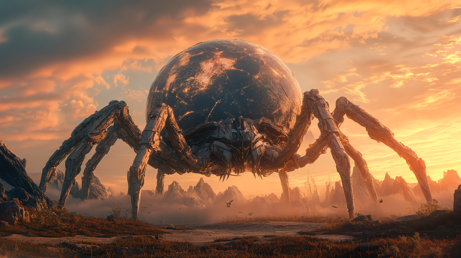 A stunning 4K Ultra HD image of a giant alien spider against a dramatic sunset backdrop, showcasing a captivating sci-fi landscape.