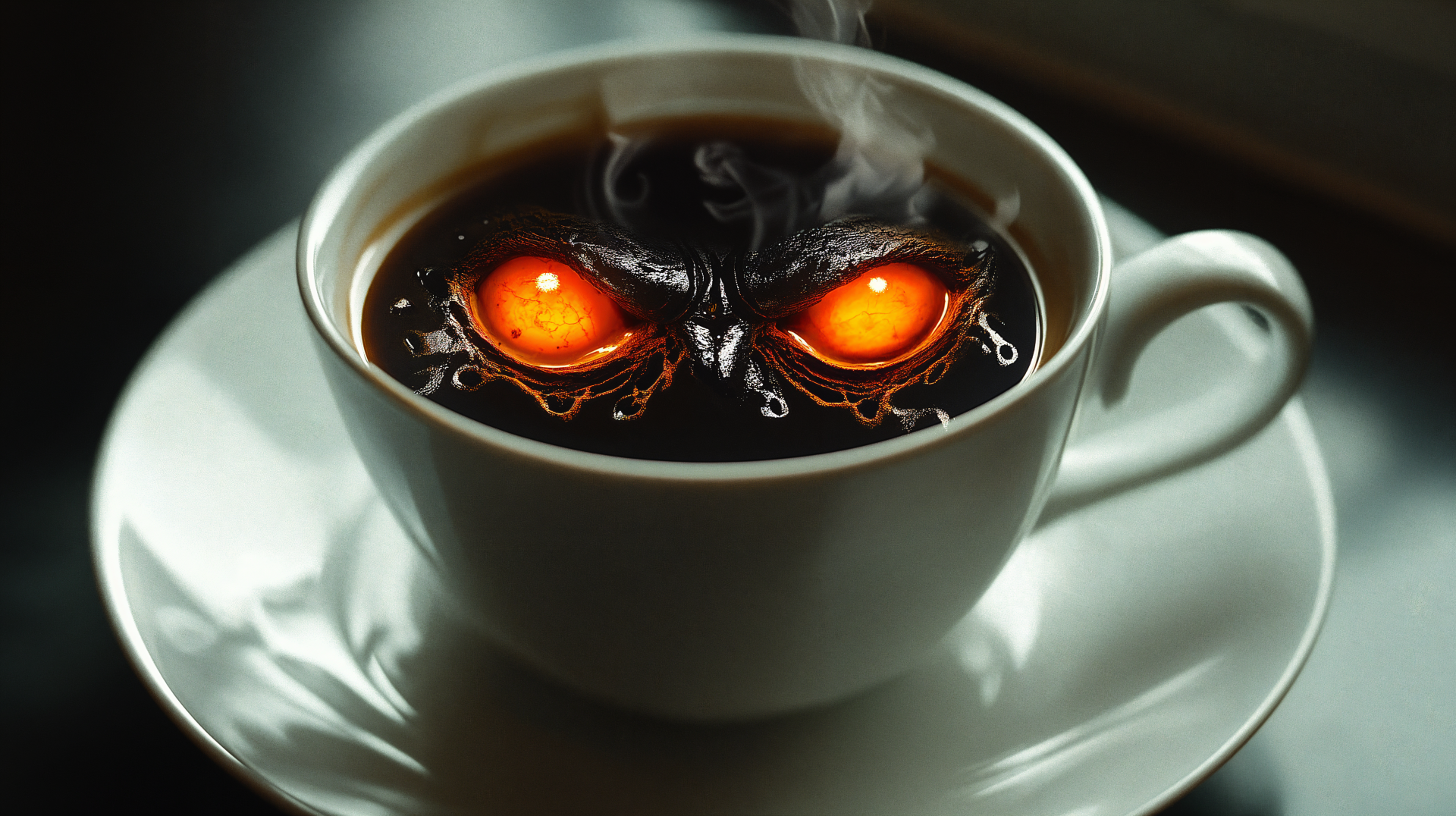 A striking 4K Ultra HD wallpaper featuring a coffee cup with steam rising, revealing intense, glowing eyes in the dark liquid, creating a captivating and eerie ambiance.