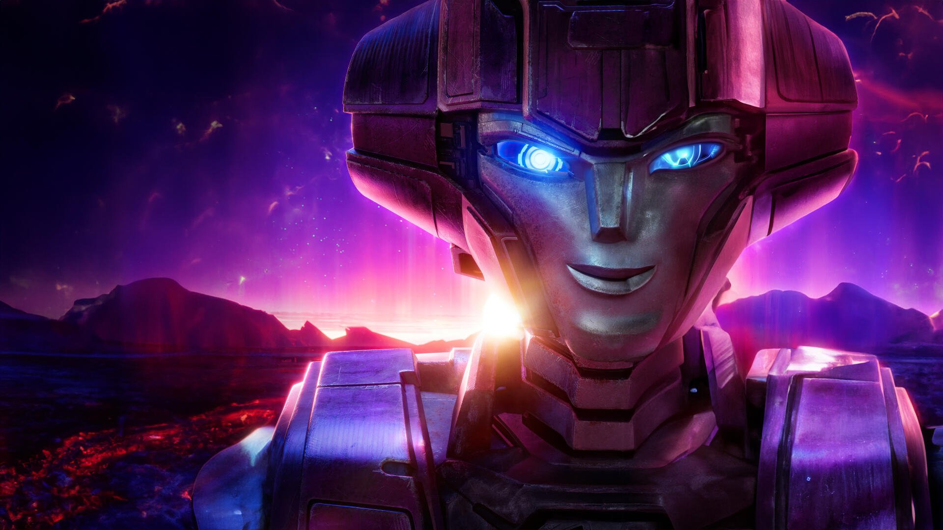 A vibrant 4K Ultra HD wallpaper from the movie Transformers One showcases a robotic character with striking blue eyes against a colorful cosmic background.