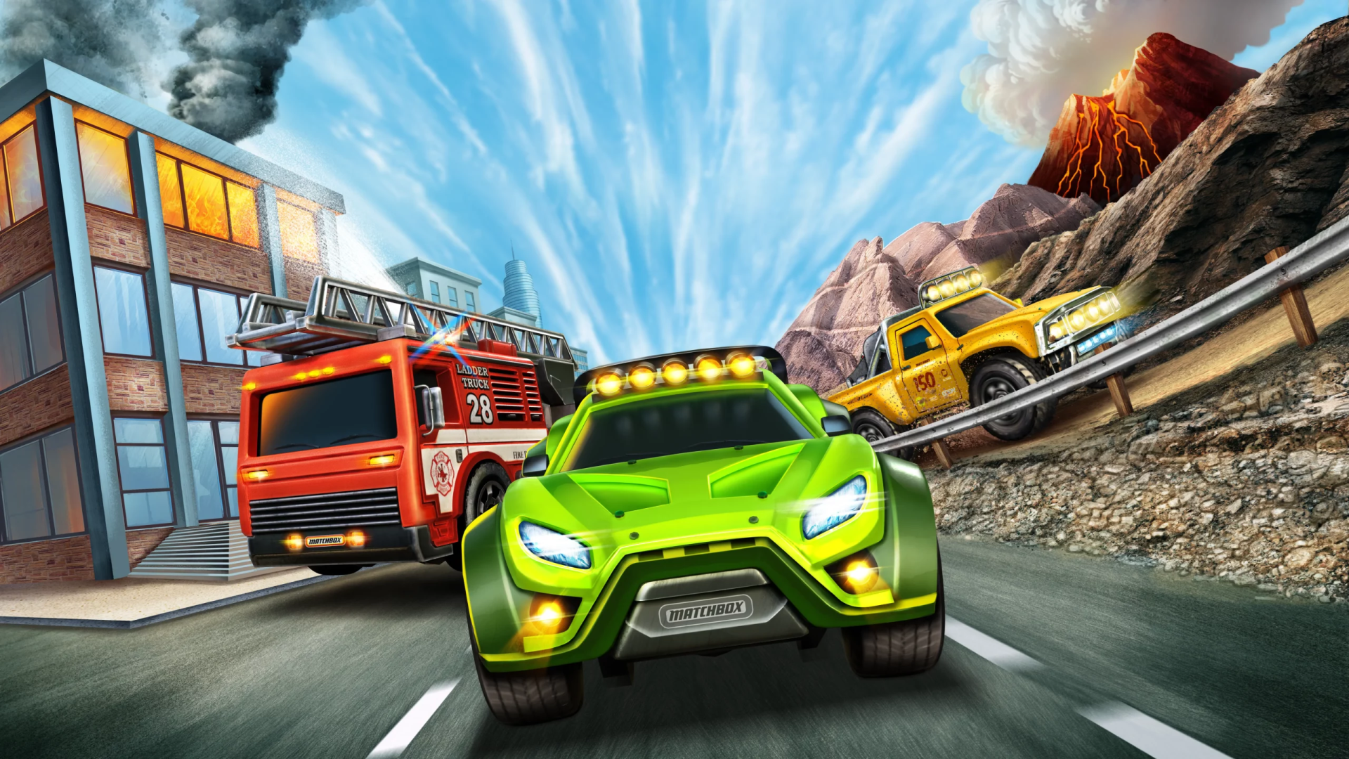 Dynamic HD wallpaper from Matchbox Driving Adventures, featuring vibrant vehicles racing through a scenic landscape with dramatic clouds and a bustling fire truck.