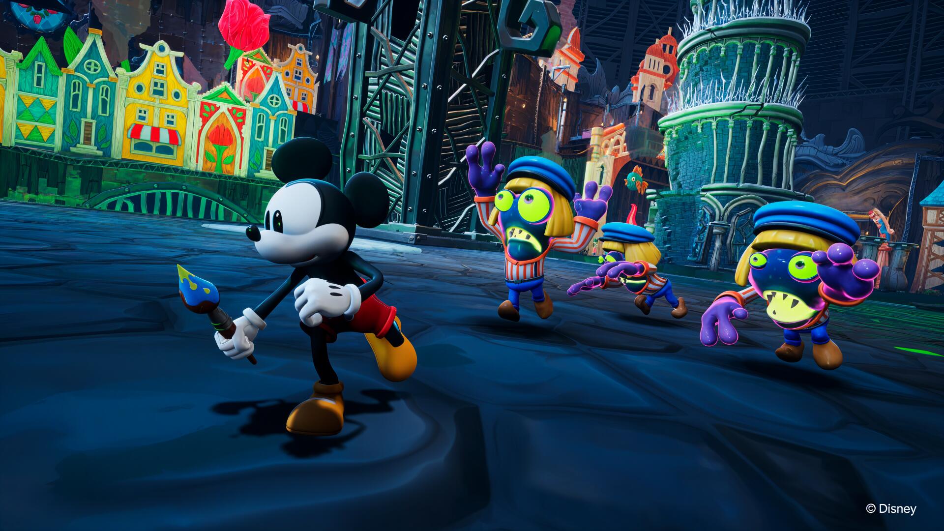 A vibrant 4K Ultra HD wallpaper from Disney Epic Mickey: Rebrushed, featuring Mickey Mouse and colorful characters in a whimsical, dynamic environment.