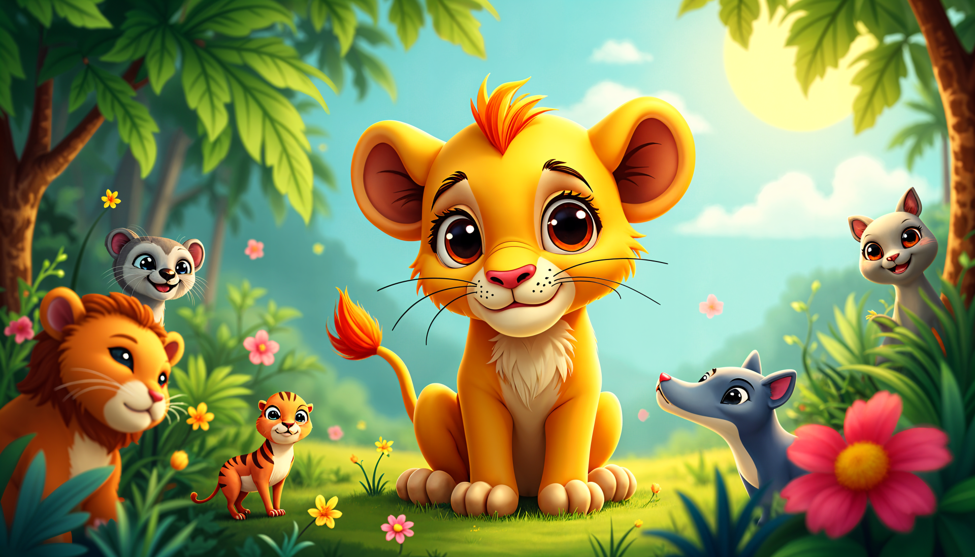 A cheerful cartoon lion sits among colorful flowers and playful animal friends in a vibrant, sunny jungle scene, featured as a 4K Ultra HD desktop wallpaper and background.