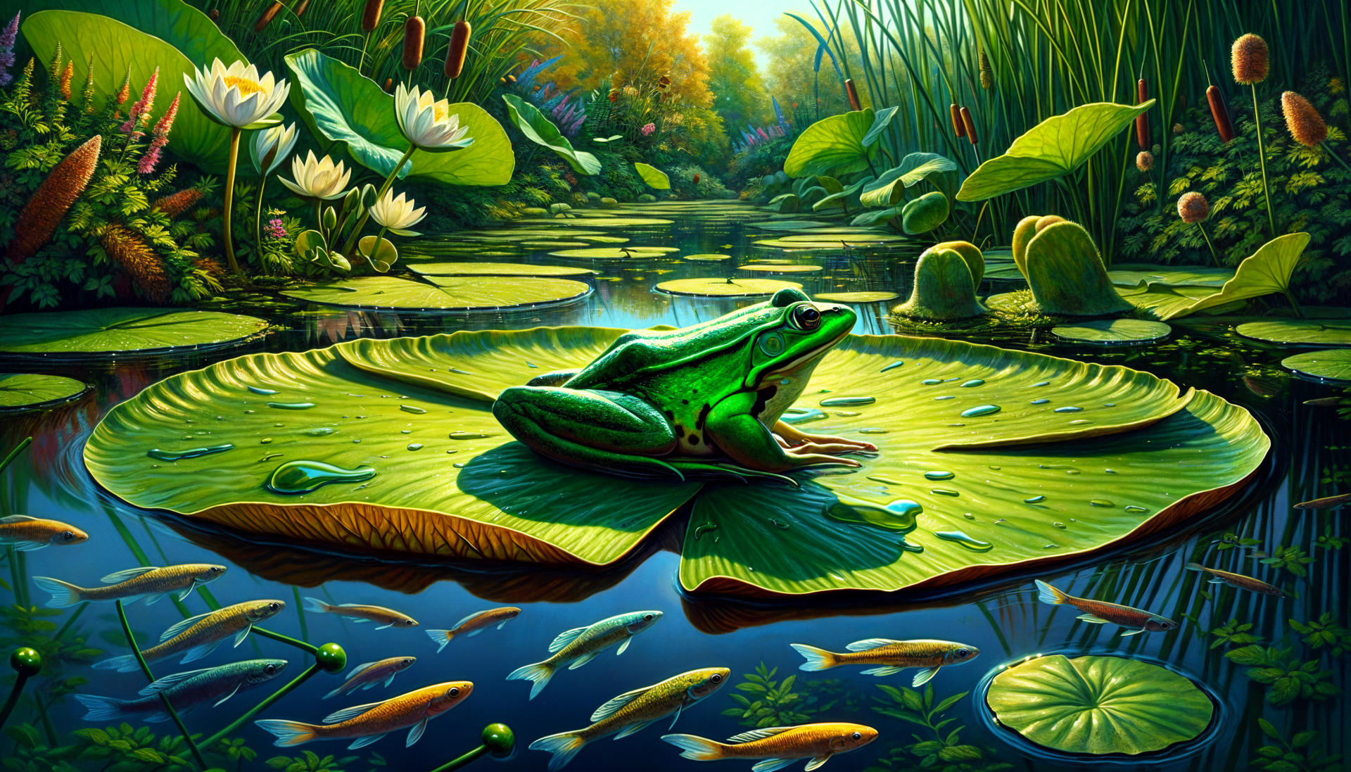 Green Frog Sitting on a Lily Pad in a Pond by lonewolf6738