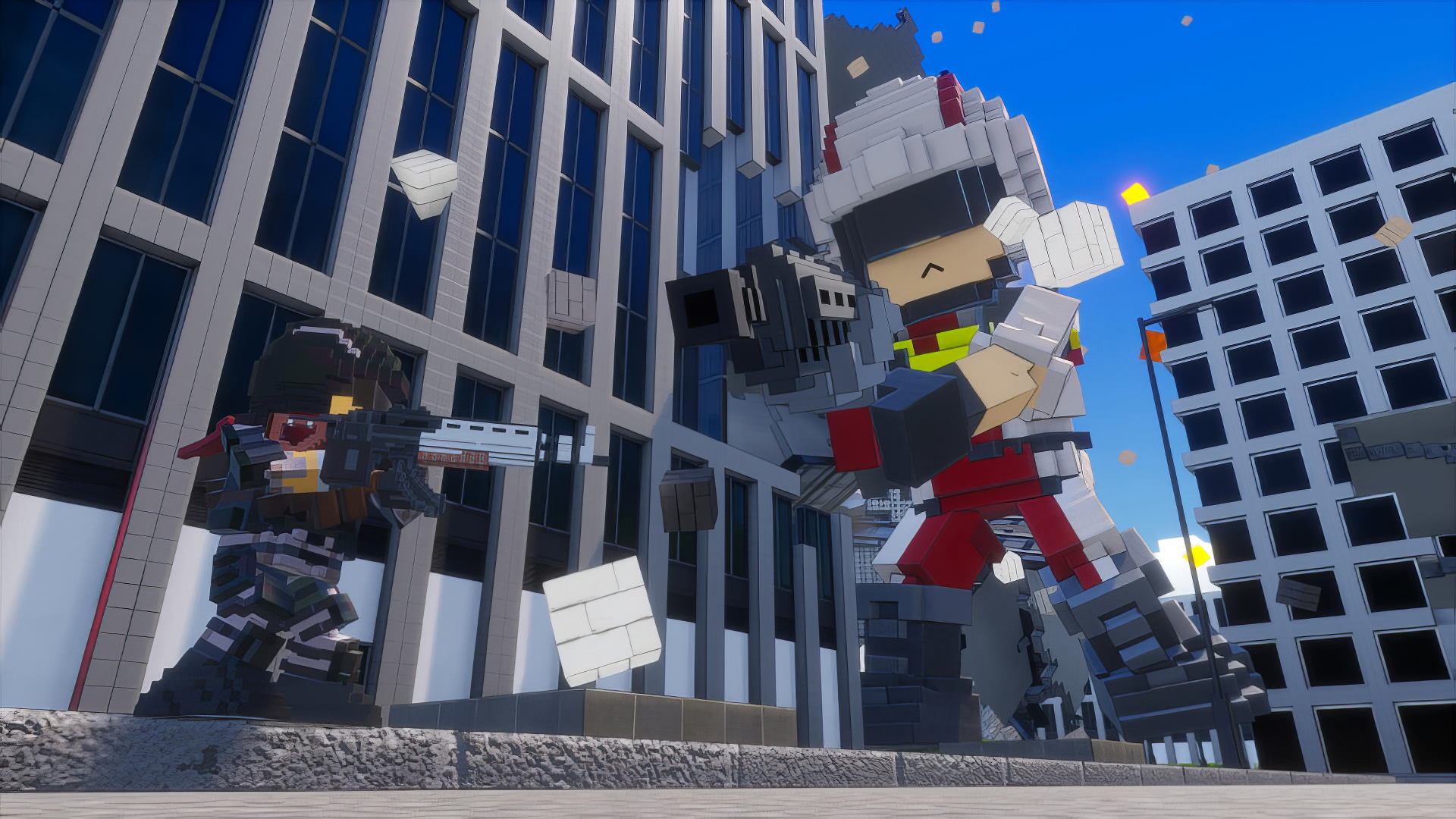 A vibrant HD wallpaper from the video game Earth Defense Force: World Brothers 2, featuring block-style characters in an action-packed urban environment.