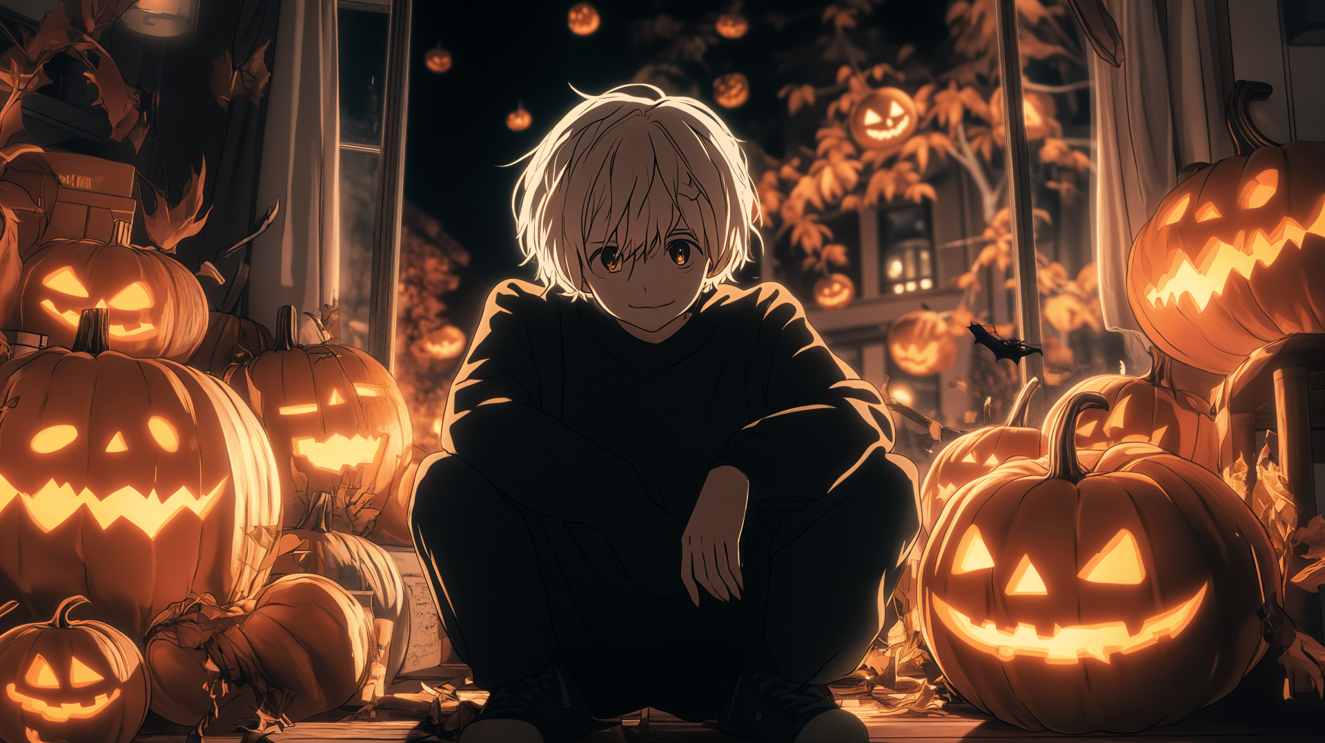 A boy with white hair sits among glowing jack-o'-lanterns and autumn leaves, creating a captivating Halloween-themed anime scene, showcased in vibrant 4K Ultra HD.