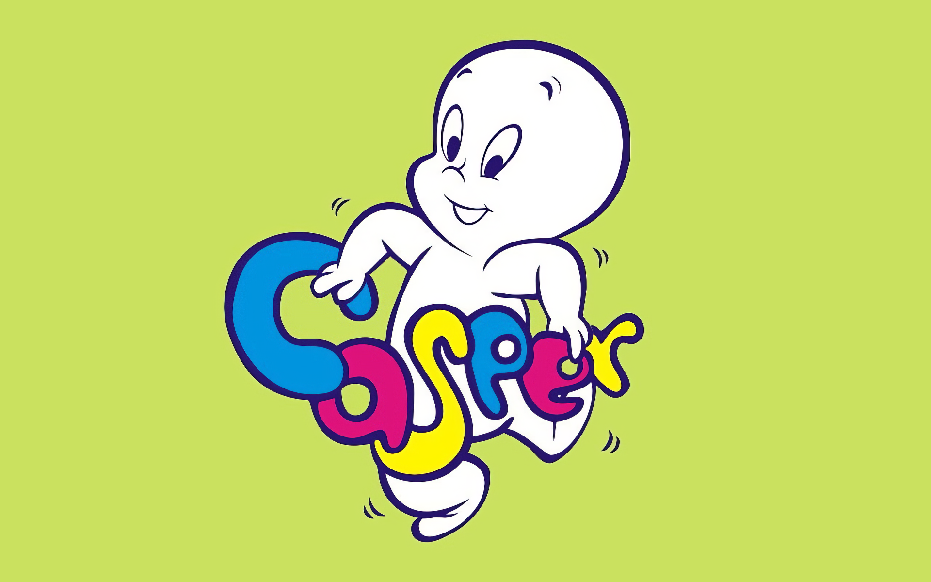 HD PC desktop wallpaper featuring Casper the Friendly Ghost from the movie, holding colorful letters spelling Casper on a bright green background.