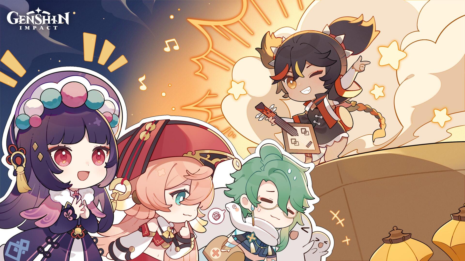 A colorful HD wallpaper featuring characters from Genshin Impact: Yanfei, Yun Jin, Xinyan, and Baizhu, set against a vibrant, musical background.