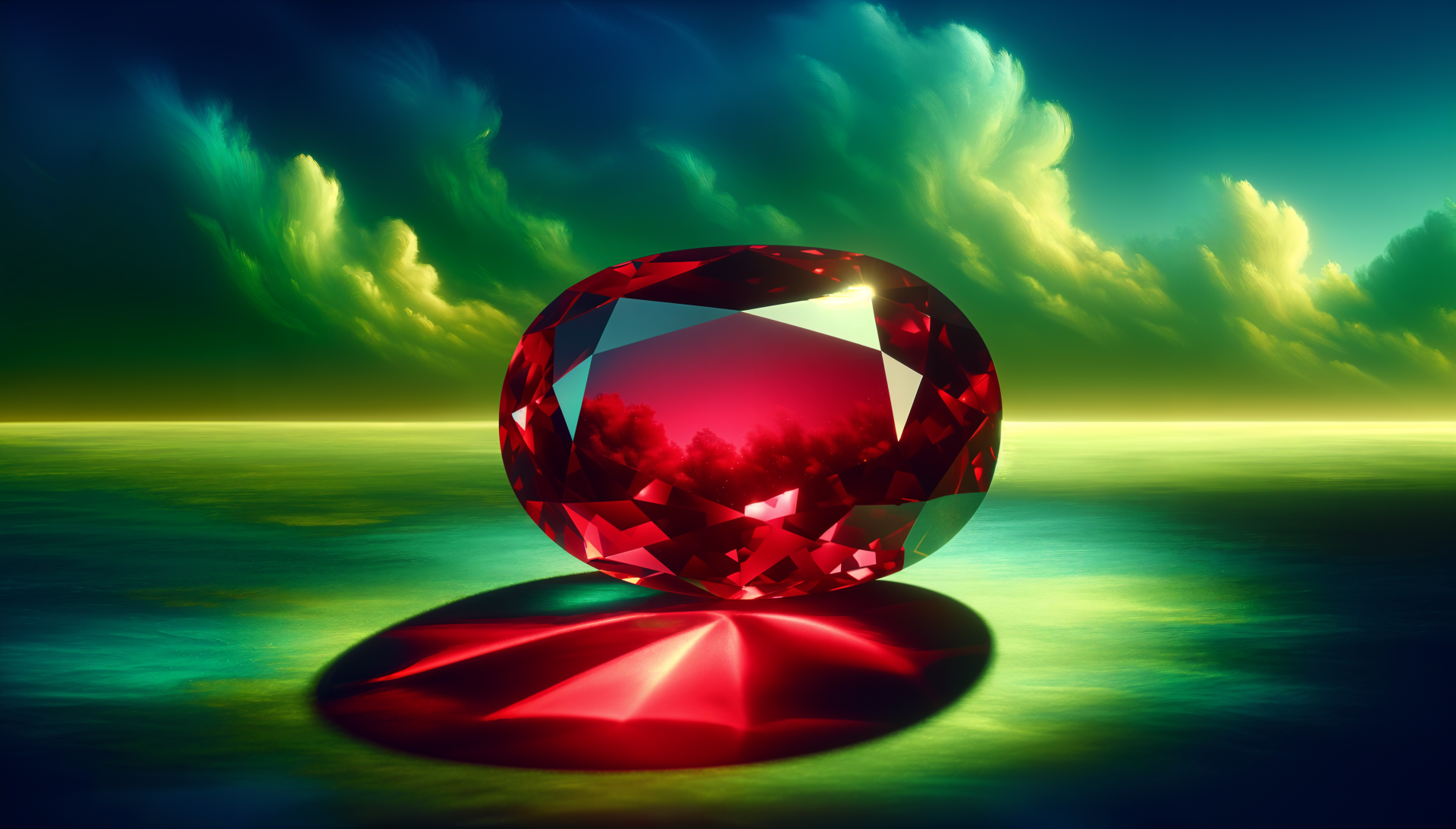 A stunning ruby gemstone rests on a reflective surface, surrounded by dramatic clouds and vibrant colors, showcasing its brilliance in a 4K Ultra HD wallpaper.