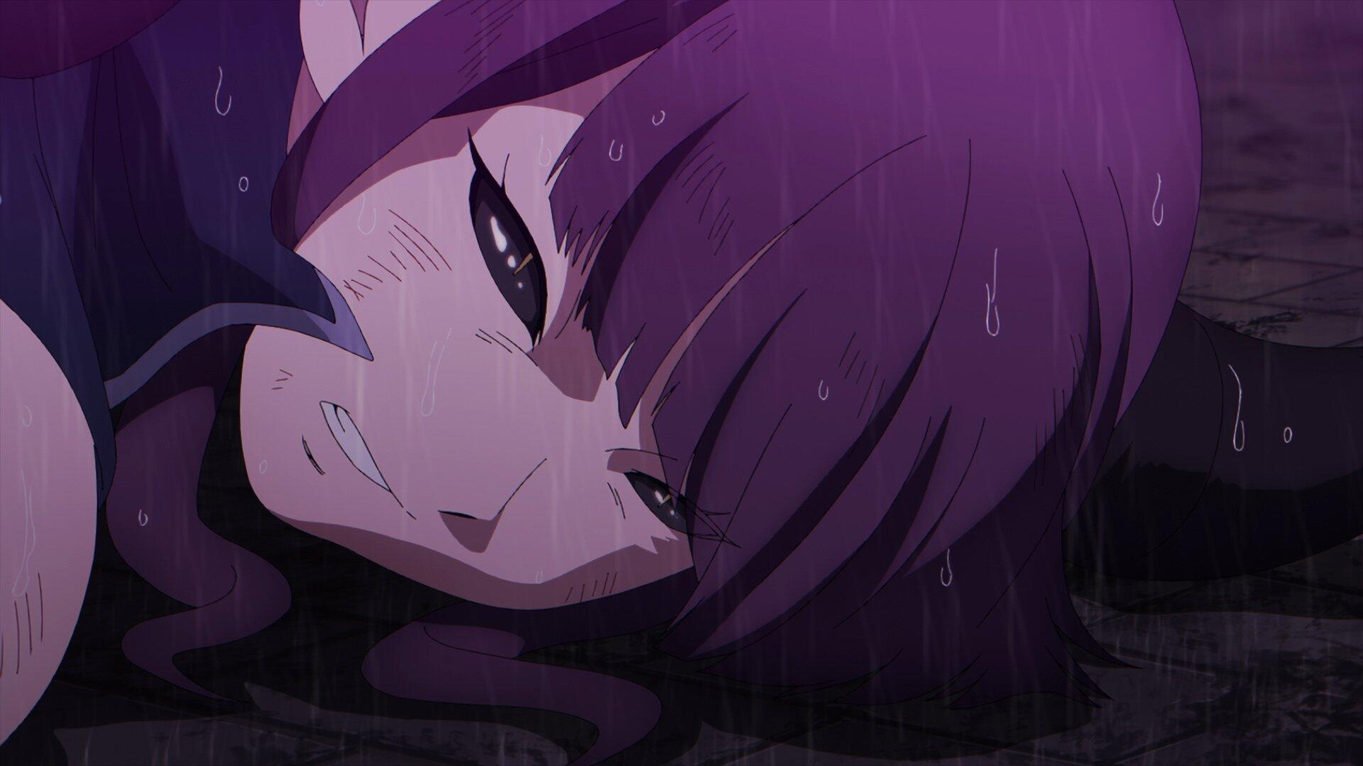 A dramatic scene from The Strongest Magician in the Demon Lord's Army was a Human, featuring a character lying on the ground with rain falling, conveying a sense of intensity and emotion.