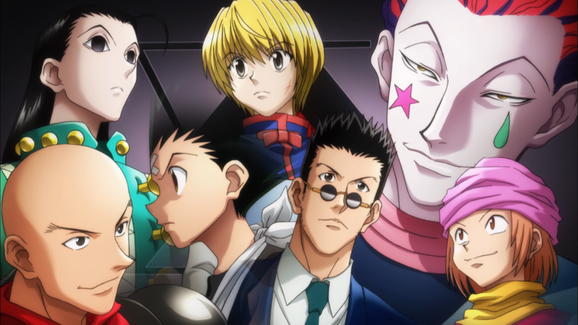 HD PC desktop wallpaper featuring key characters from Hunter x Hunter, showcasing their distinct designs and expressions in vibrant detail.