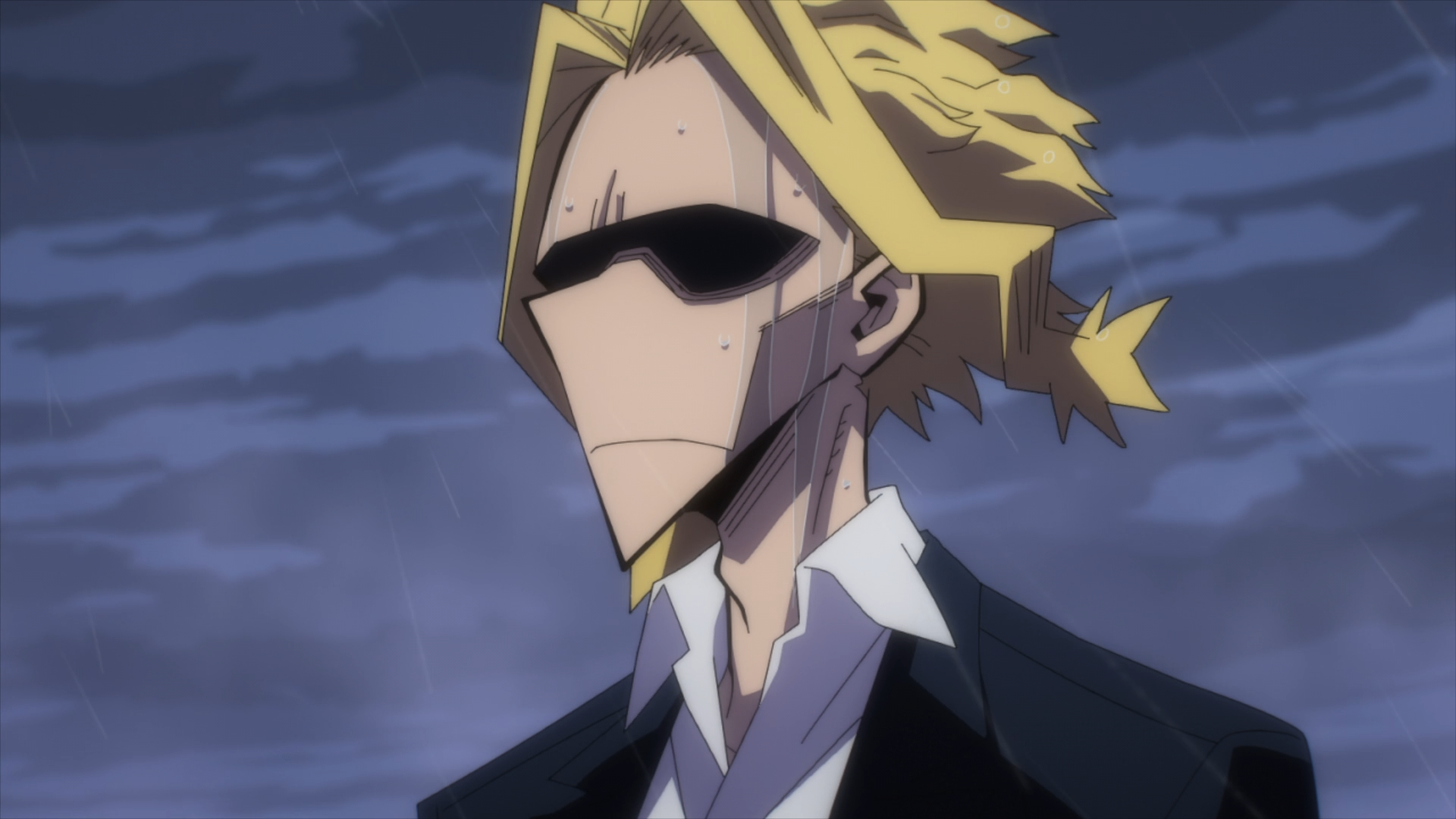 HD PC desktop wallpaper featuring All Might from the anime My Hero Academia, depicted in a dark suit with sunglasses against a stormy sky background.