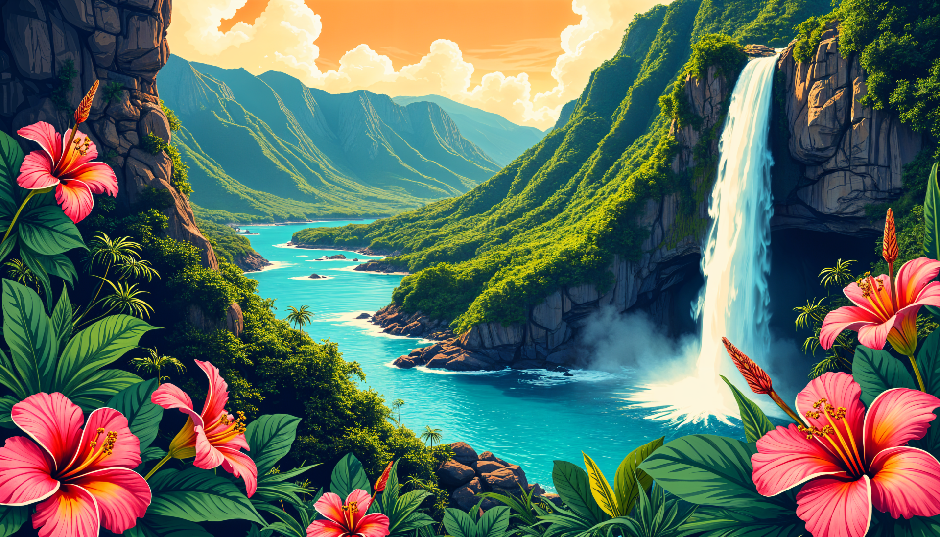 A vibrant Hawaiian landscape featuring lush green mountains, a cascading waterfall, and colorful hibiscus flowers, captured in stunning 4K Ultra HD for a captivating desktop wallpaper.