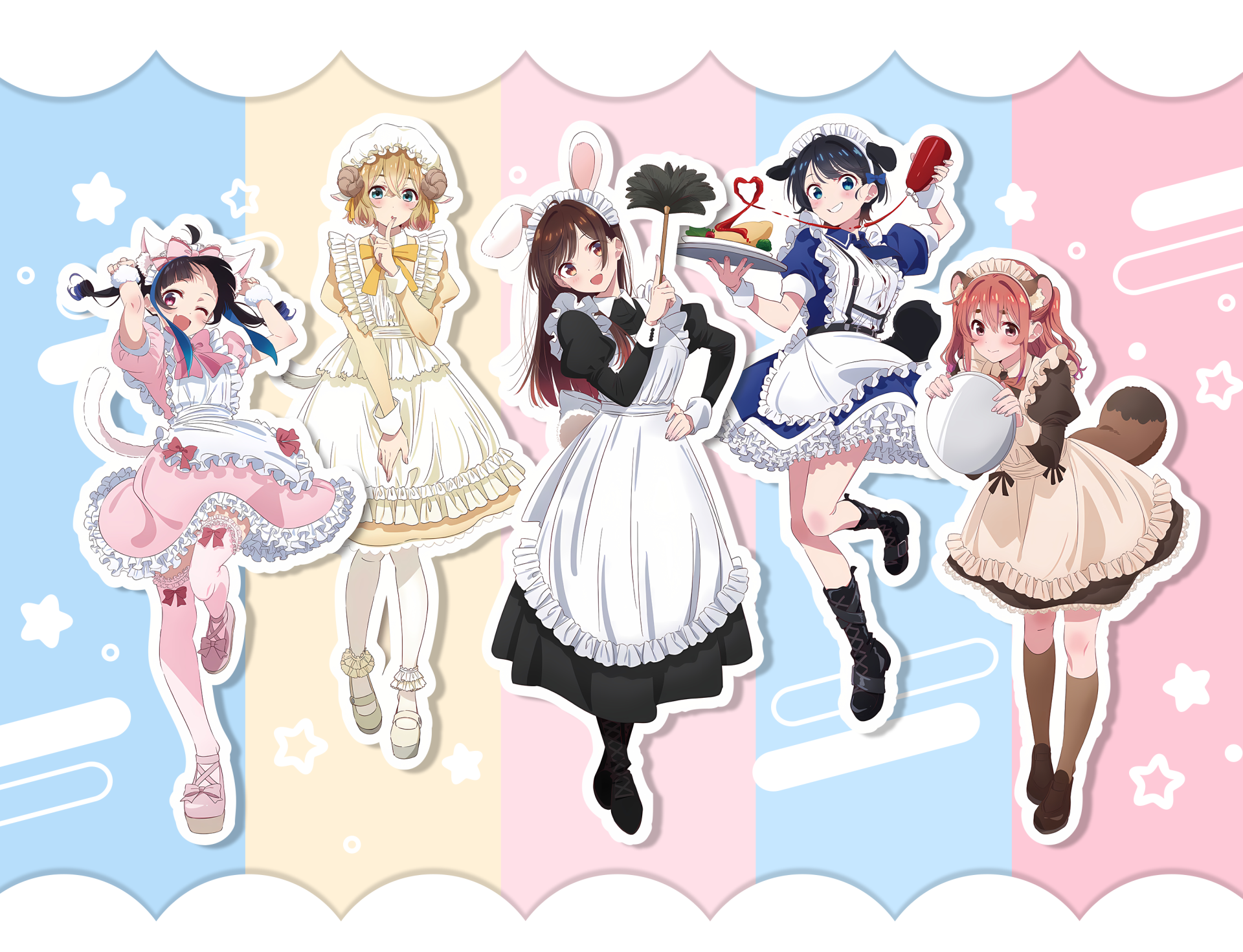 2K desktop wallpaper of Rent-A-Girlfriend characters Chizuru Ichinose, Sumi Sakurasawa, Ruka Sarashina and Mami Nanami in pastel maid outfits on a striped pastel background.