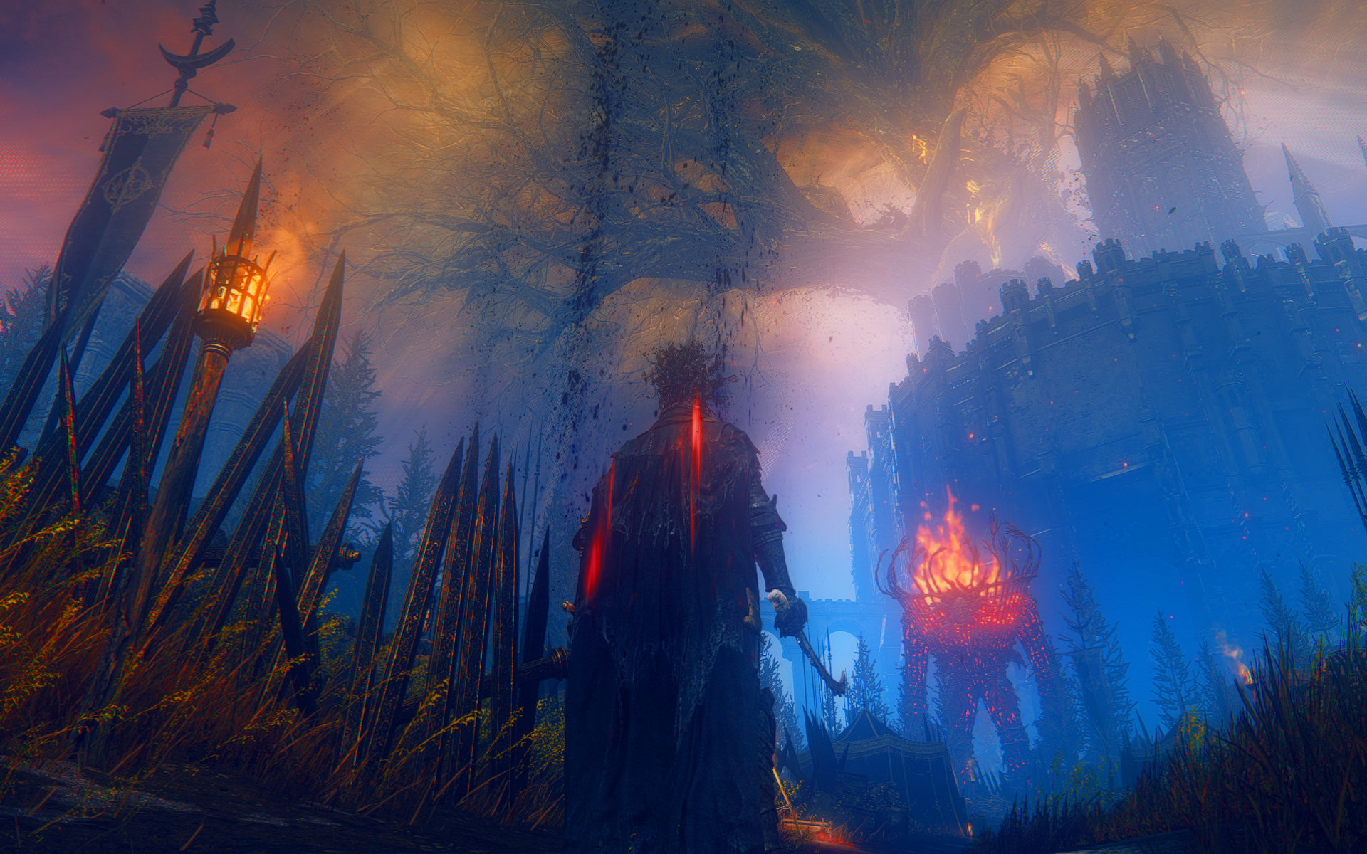 A moody HD wallpaper from Elden Ring: Shadow of the Erdtree, featuring a silhouette of a character against a vibrant, mystical backdrop of glowing lights and dark trees.