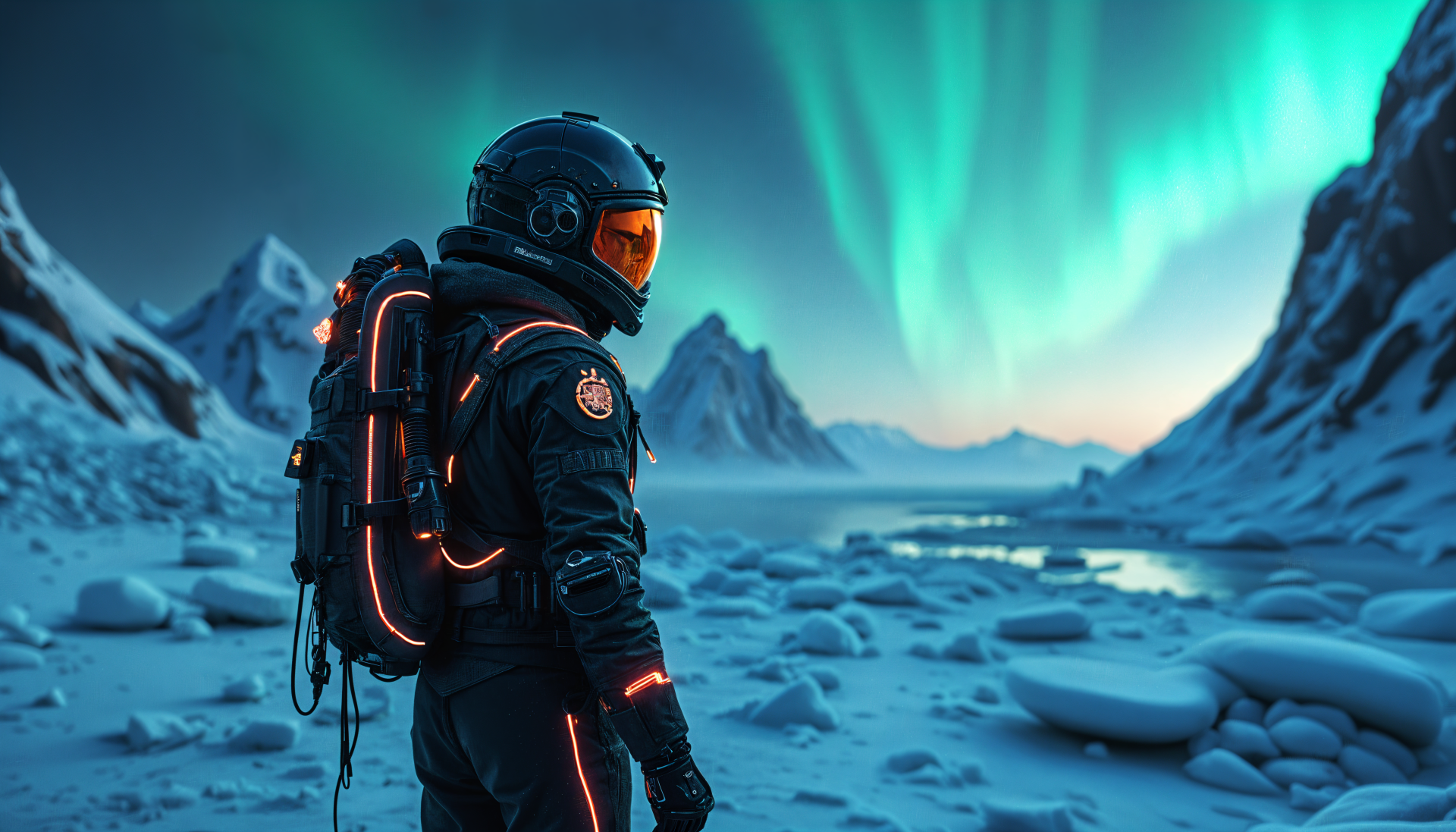 An astronaut in a sleek, futuristic suit stands on a snowy landscape beneath vibrant northern lights, set against majestic mountains. 4K Ultra HD PC desktop wallpaper.