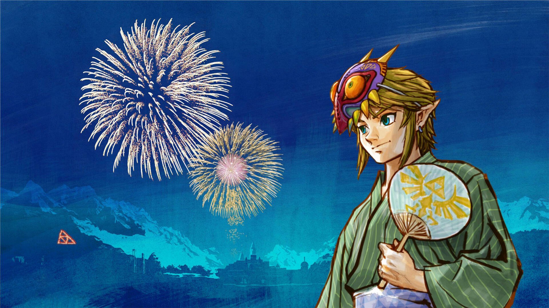 HD desktop wallpaper featuring Link from The Legend of Zelda holding a fan and wearing a mask, with colorful fireworks lighting up the night sky in the background.