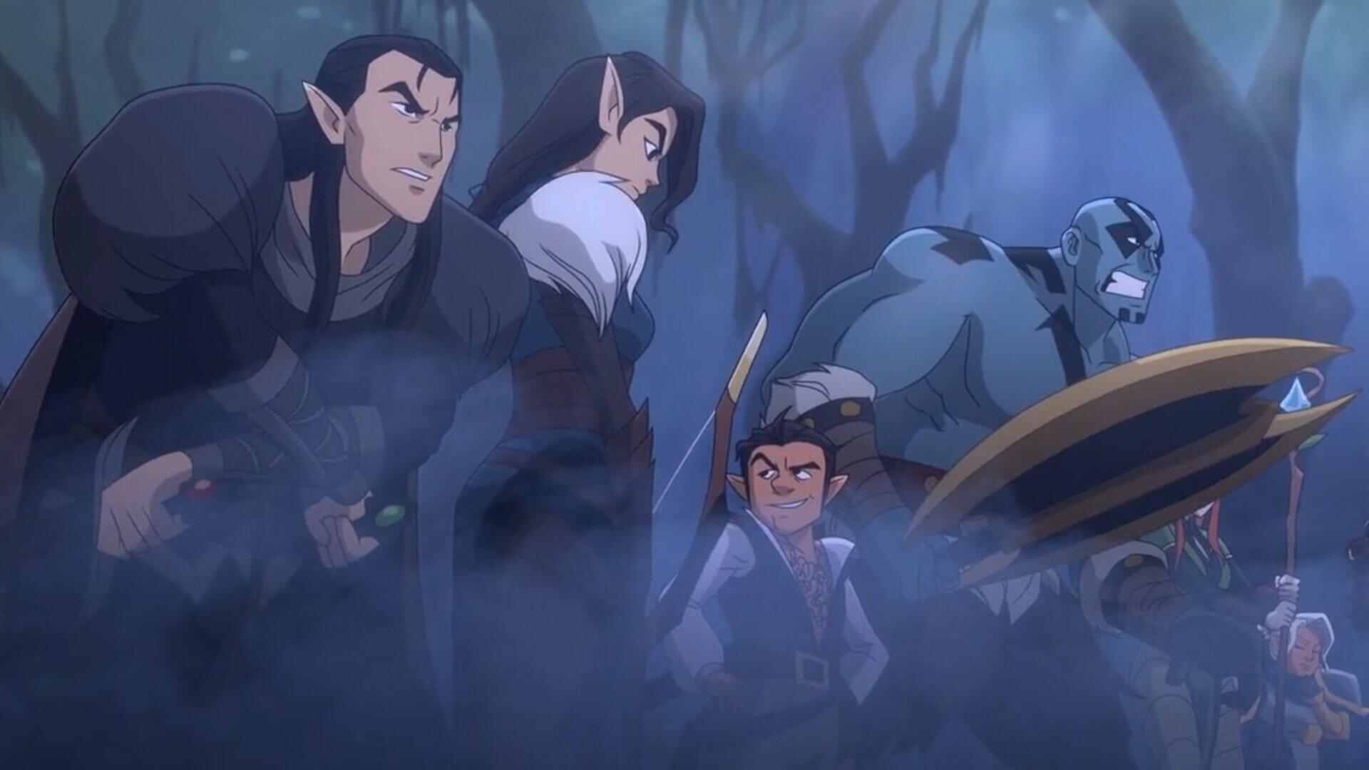 HD anime desktop wallpaper featuring characters from The Legend of Vox Machina emerging through mist in a dark, atmospheric setting.