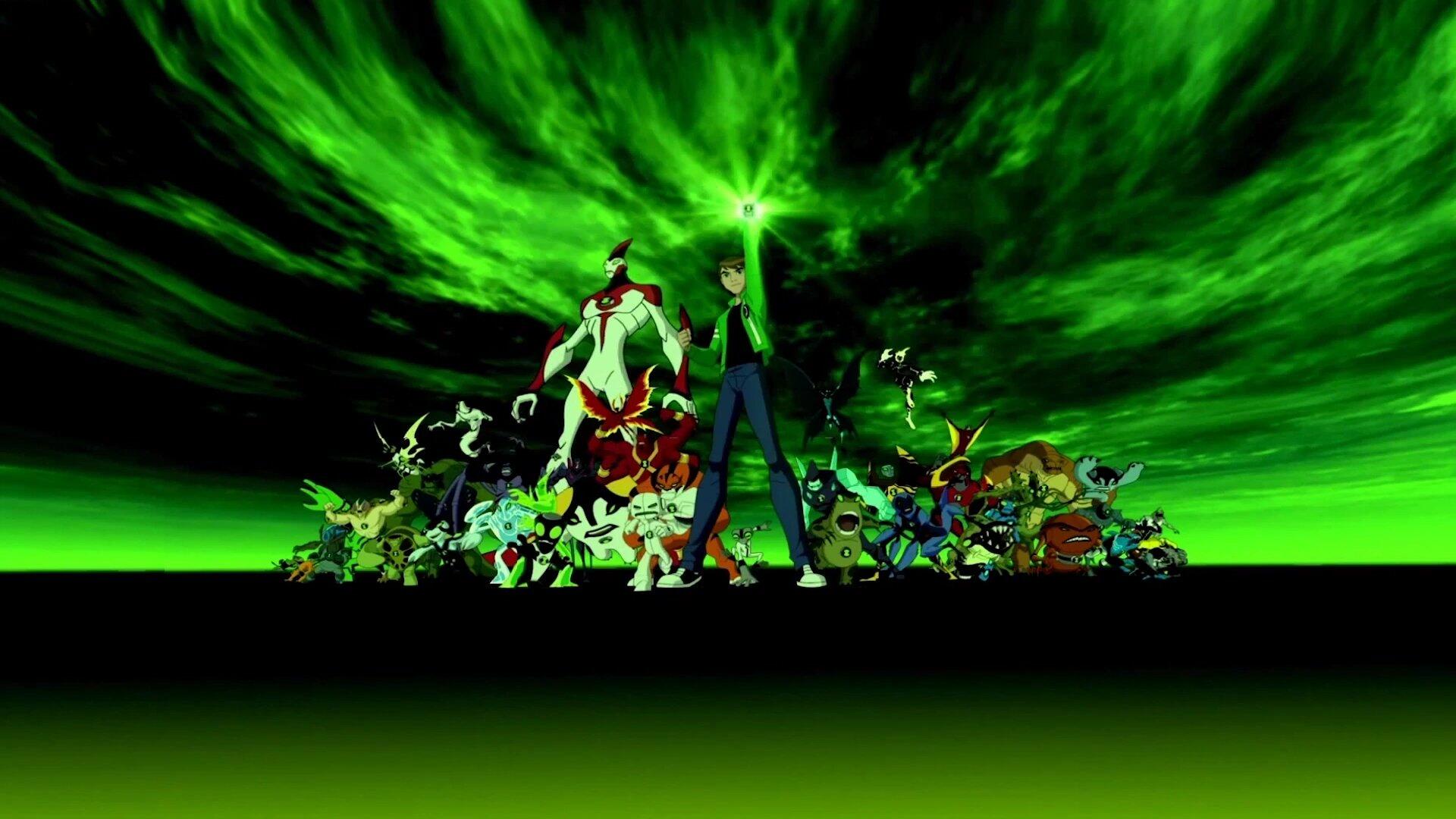 HD PC wallpaper: Ben 10 at center with a lineup of aliens from Ben 10, Ben 10: Alien Force, Ben 10: Ultimate Alien, Ben 10: Omniverse and Ben 10 (2016) under a green energy sky.