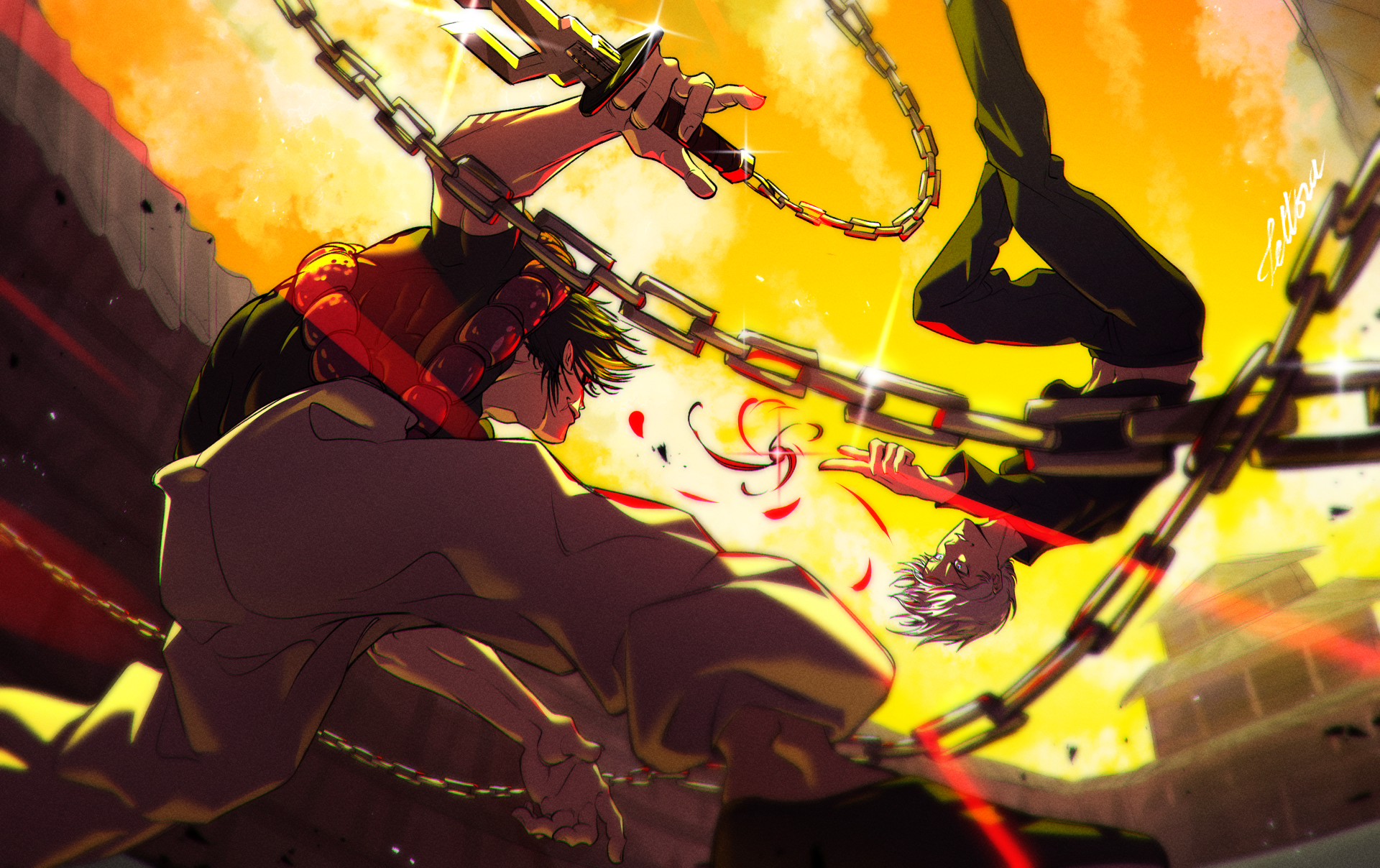 Dynamic 4K Ultra HD anime wallpaper featuring Toji Fushiguro and Satoru Gojo from Jujutsu Kaisen in an intense battle with fiery yellow and orange tones.