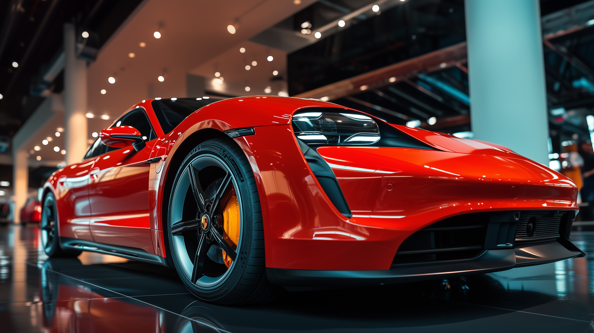 HD PC desktop wallpaper featuring a sleek red Porsche Taycan showcasing its dynamic design and sporty details under showroom lighting.