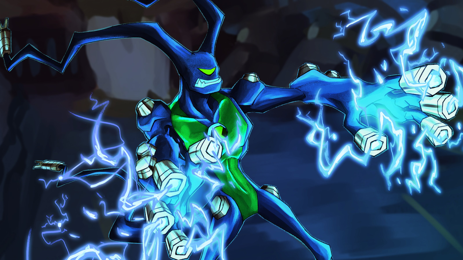 4K Ultra HD Ben 10 PC wallpaper showing a blue, electricity-charged alien striking a dynamic pose — Ben 10 (2016), Ben 10: Alien Force, Ben 10: Ultimate Alien, Ben 10: Omniverse