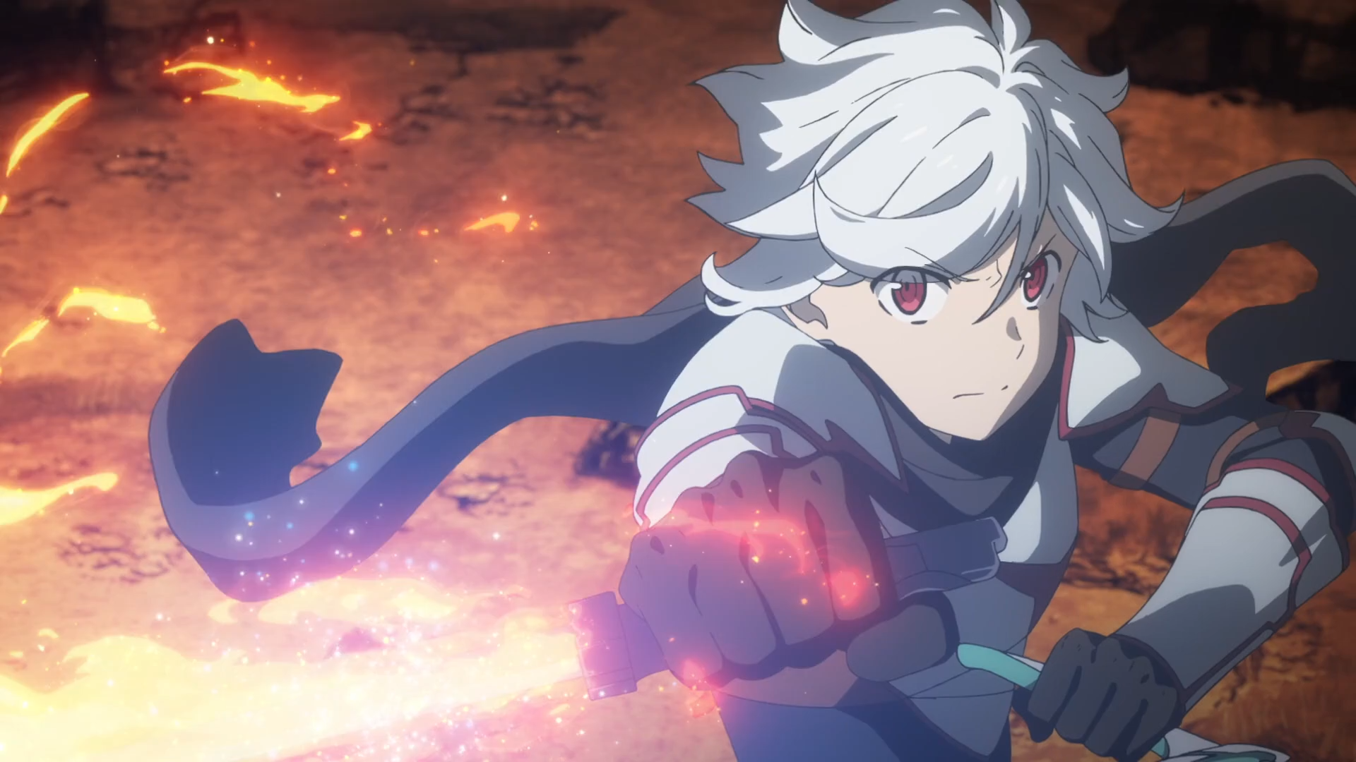 HD PC desktop wallpaper featuring Bell Cranel from the anime Is It Wrong to Try to Pick Up Girls in a Dungeon? in an action pose with fiery effects.