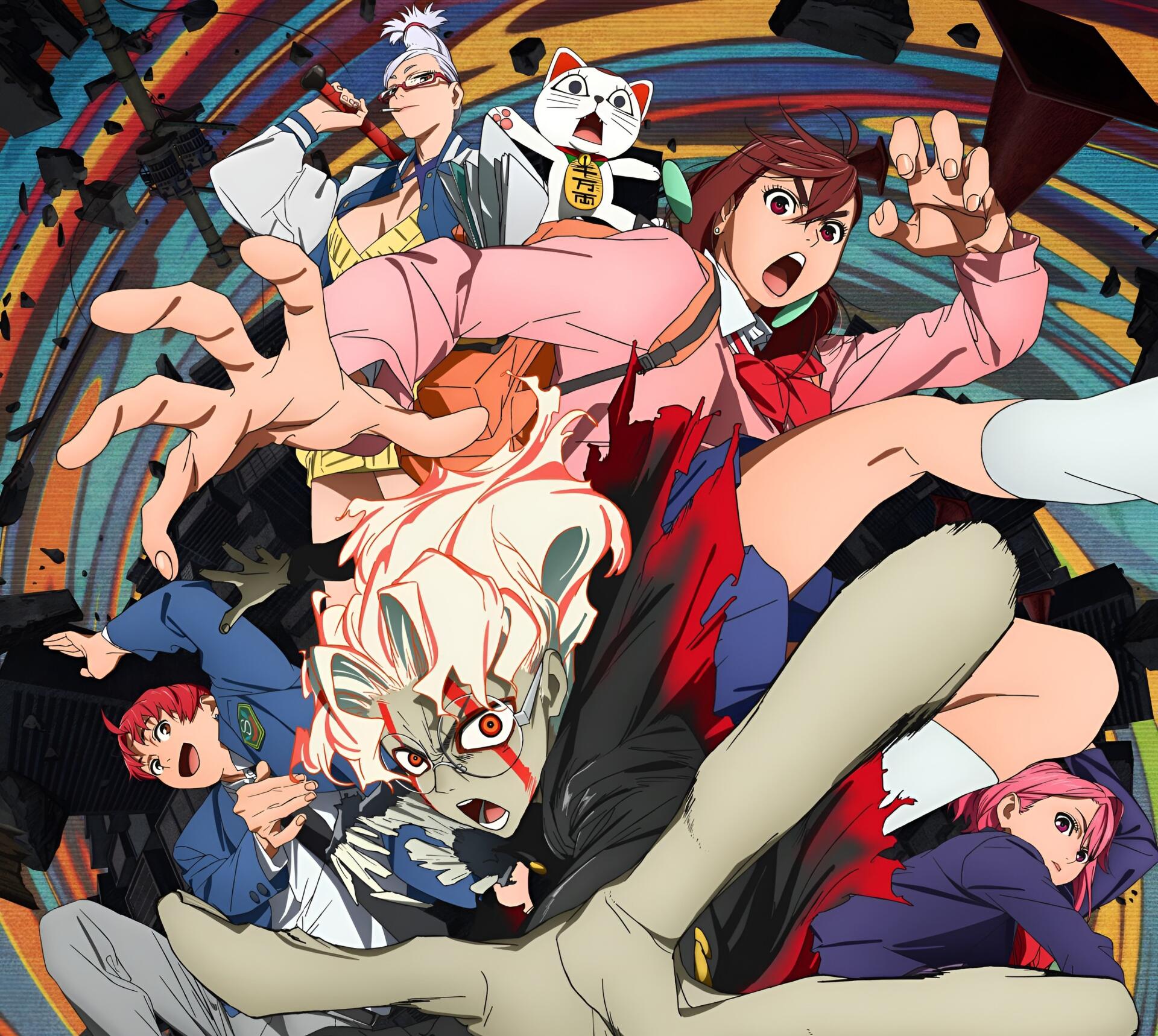 HD PC desktop wallpaper featuring dynamic anime characters from Dandadan, including Ken Takakura and Momo Ayase, captured in vibrant action poses.