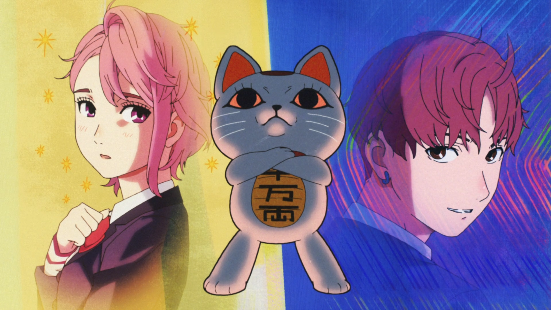 HD anime desktop wallpaper featuring two characters from Dandadan with a beckoning cat statue in the center against a split yellow and blue background.